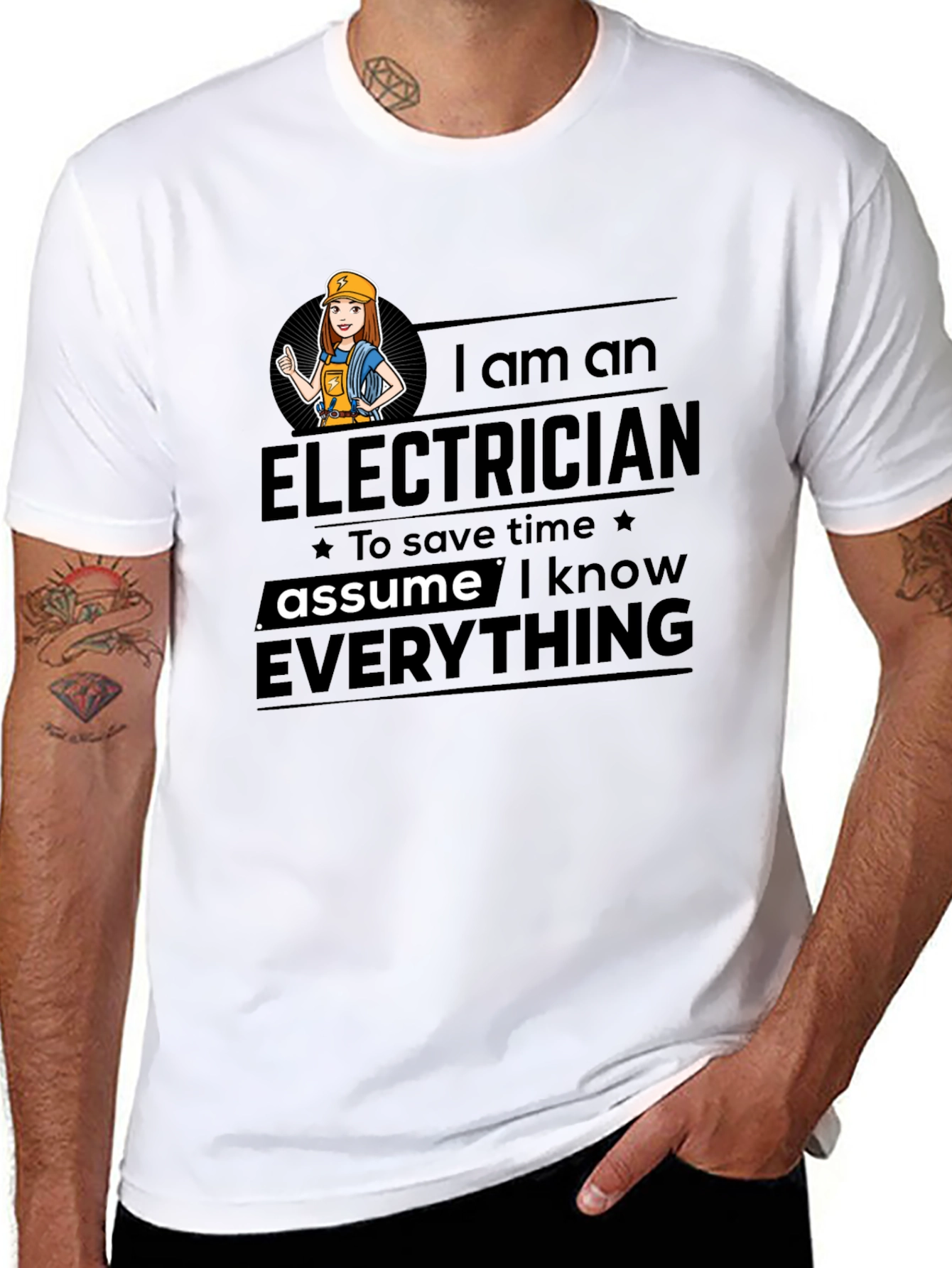 Black Electrician Humor T-Shirt - Assume I Know Everything view 8