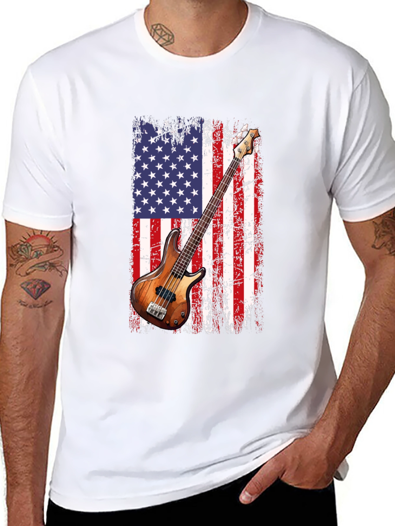 Black USA Flag Bass Guitar T-Shirt view 8