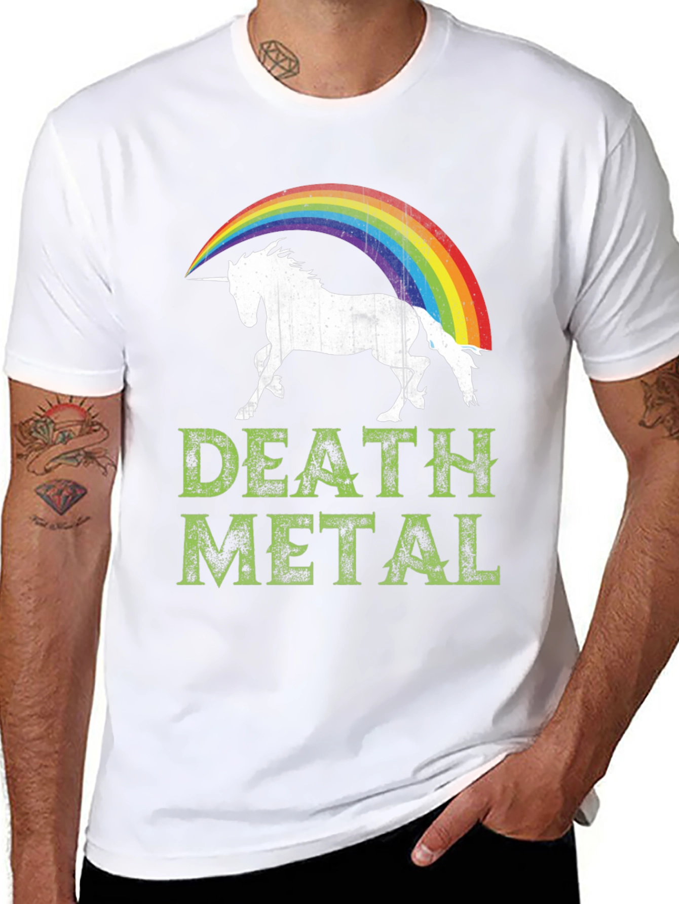 Black Death Metal Unicorn Rainbow T-Shirt - Black Cotton Tee view 8