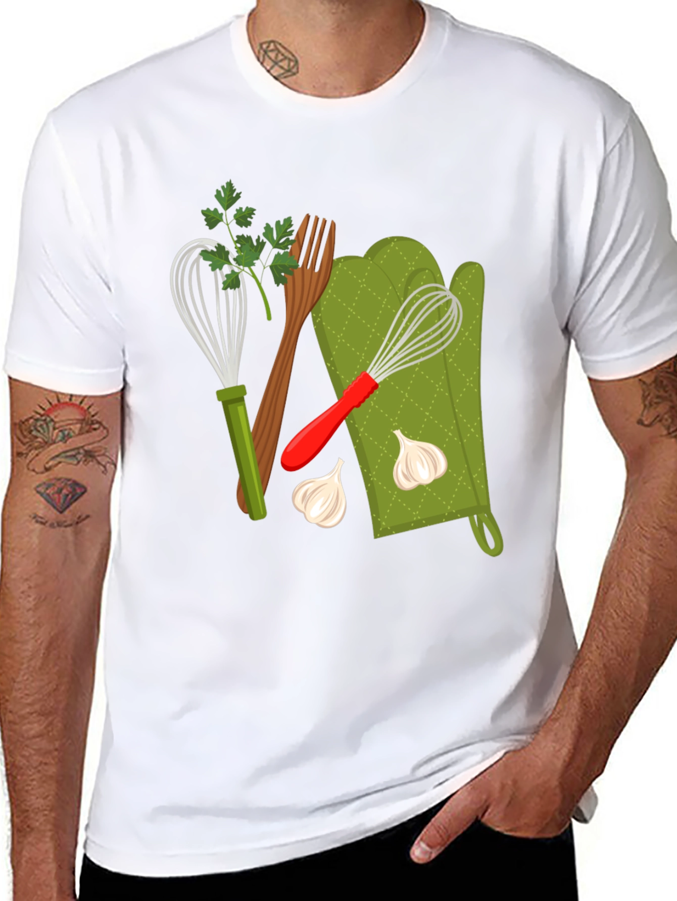 Black Cooking Lover Graphic T-Shirt: Whisk, Fork, and Garlic Design view 8