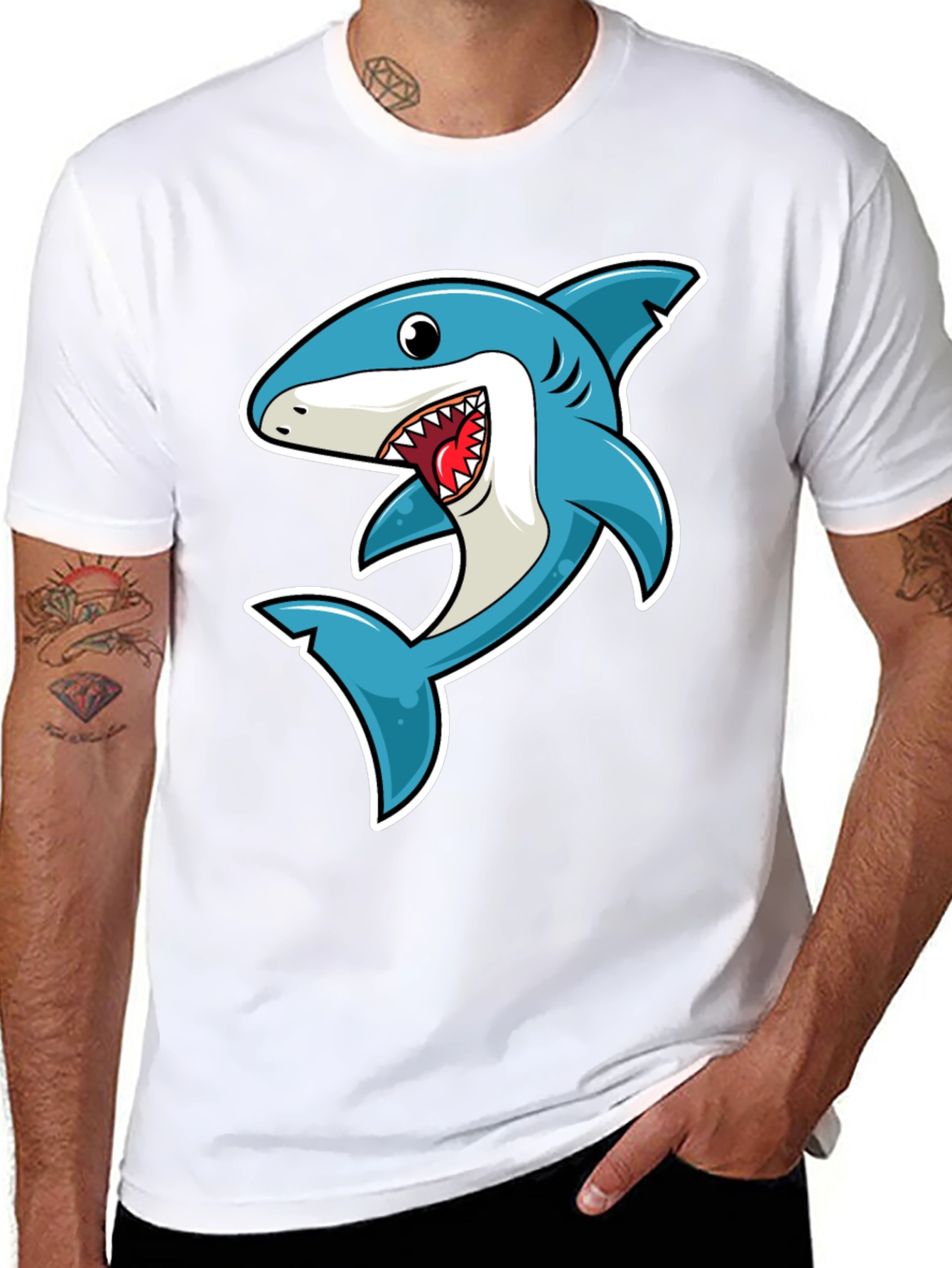 Black Shark Cartoon Graphic Tee - Black Cotton T-Shirt view 8