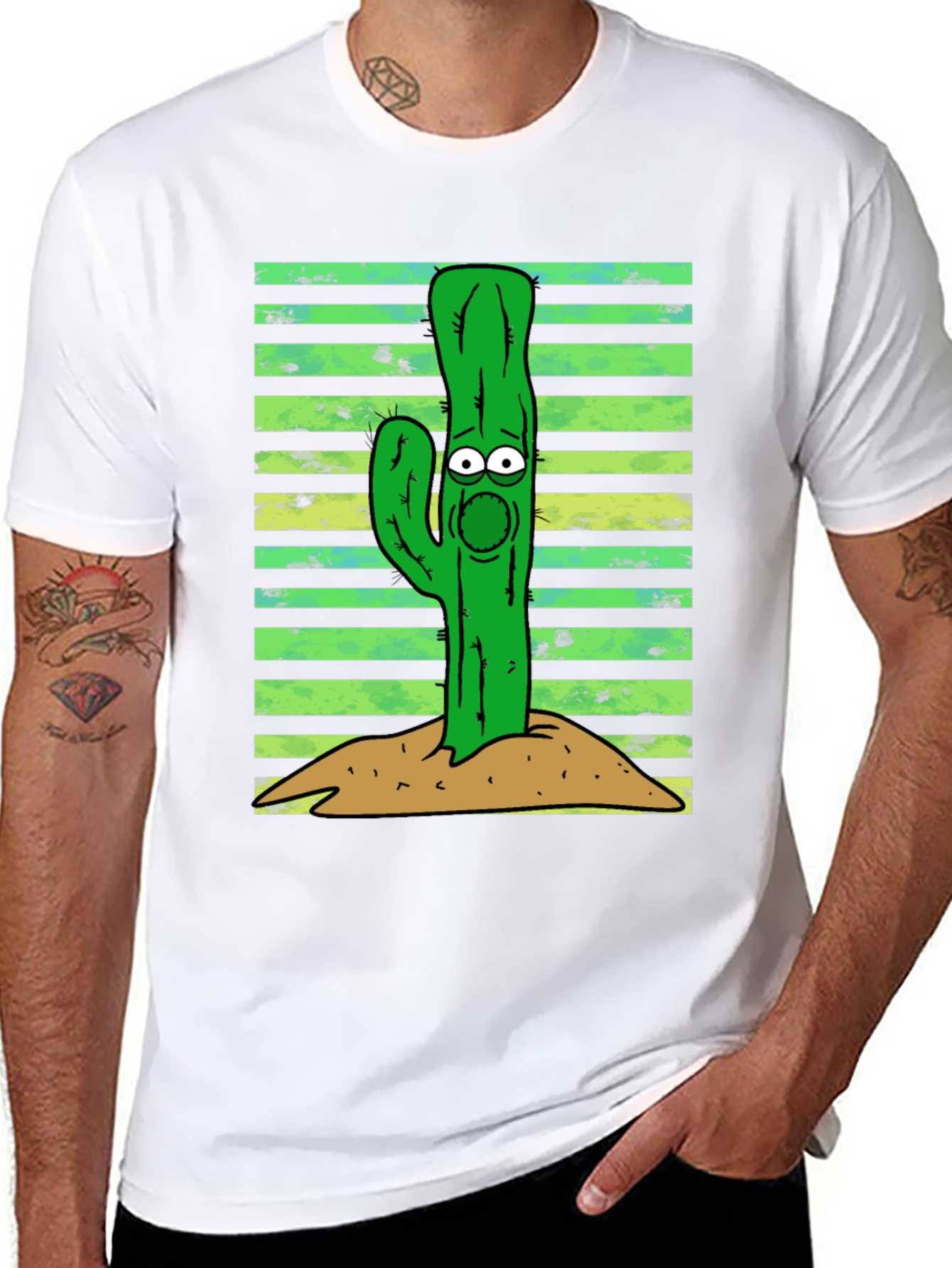 Black Cartoon Cactus Graphic Tee - Unisex Black T-Shirt view 8