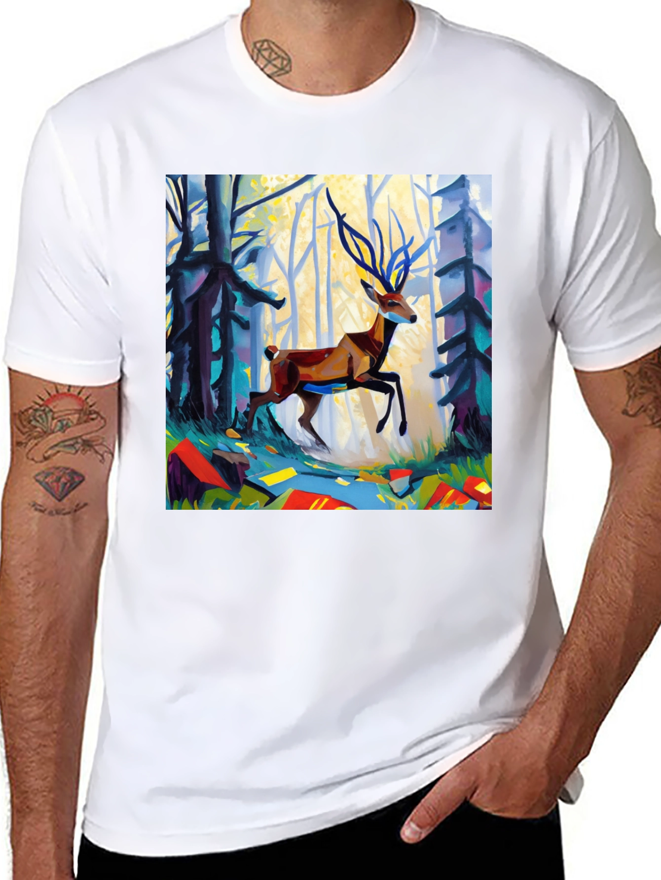 Abstract Deer Forest Graphic Tee - Black Casual T-Shirt - 8