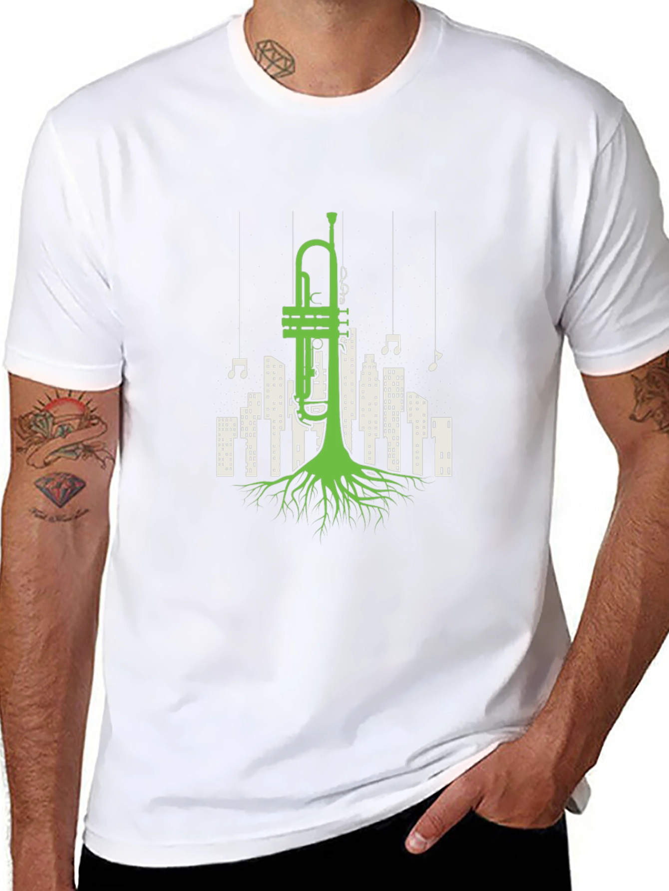 Black Jazz Roots T-Shirt - Trumpet Cityscape Design view 8