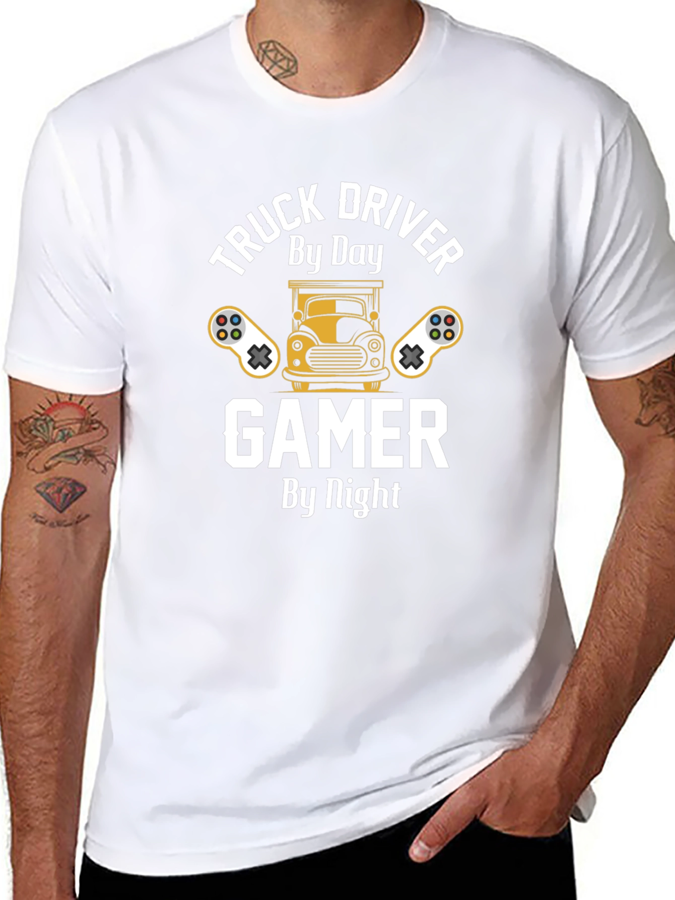 Black Truck Driver Gamer T-Shirt - By Day, By Night view 8