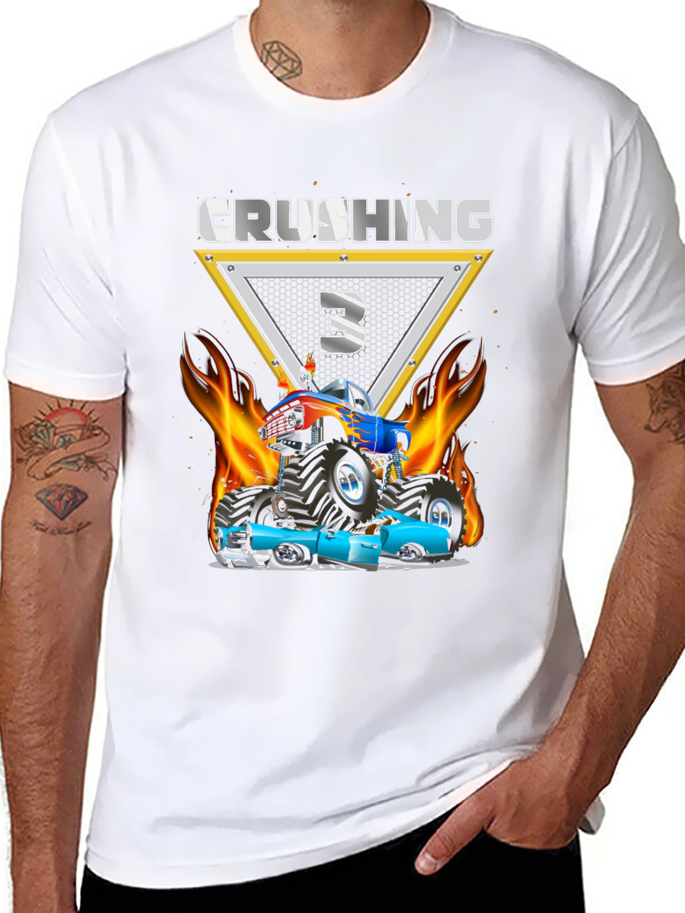 Black Crushing Three Monster Truck Birthday T-Shirt view 8