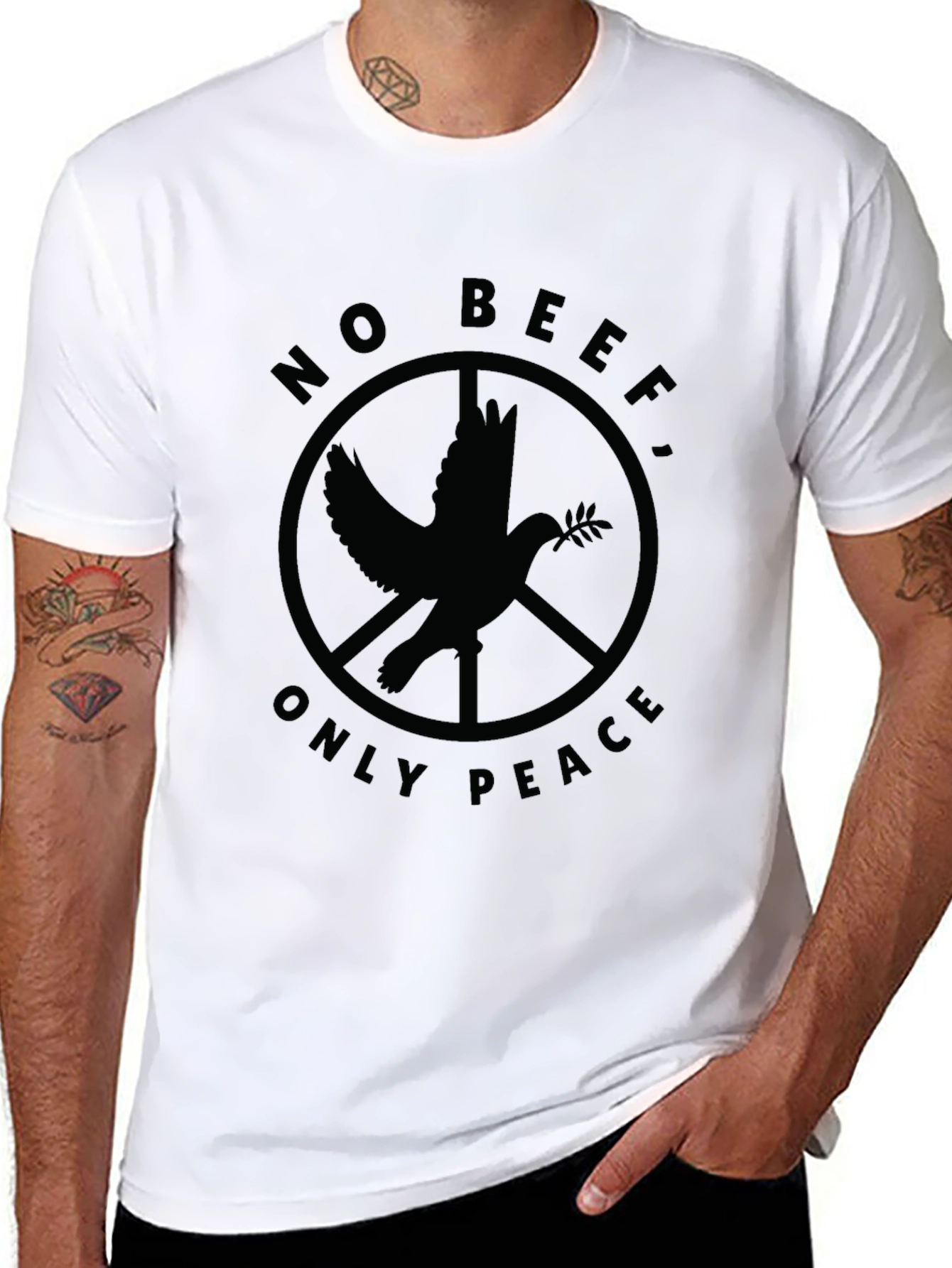 Black No Beef, Only Peace T-Shirt - Dove Peace Sign Tee view 8