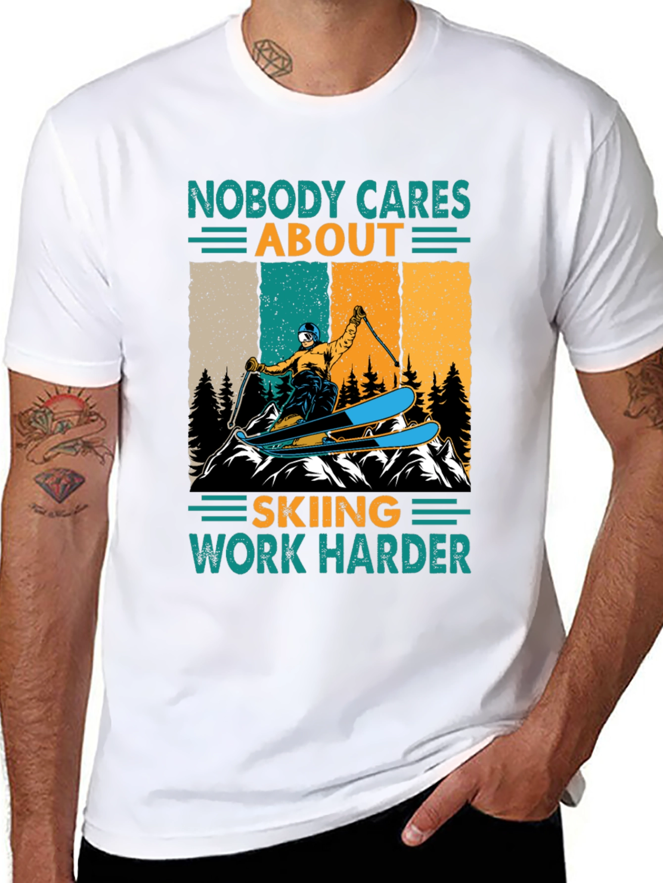 Black Skiing T-Shirt - Nobody Cares, Work Harder Graphic Tee view 8