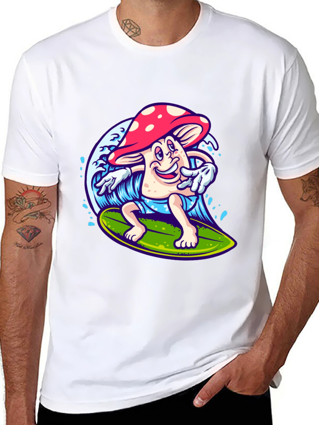 Black Surfing Mushroom Graphic T-Shirt view 8
