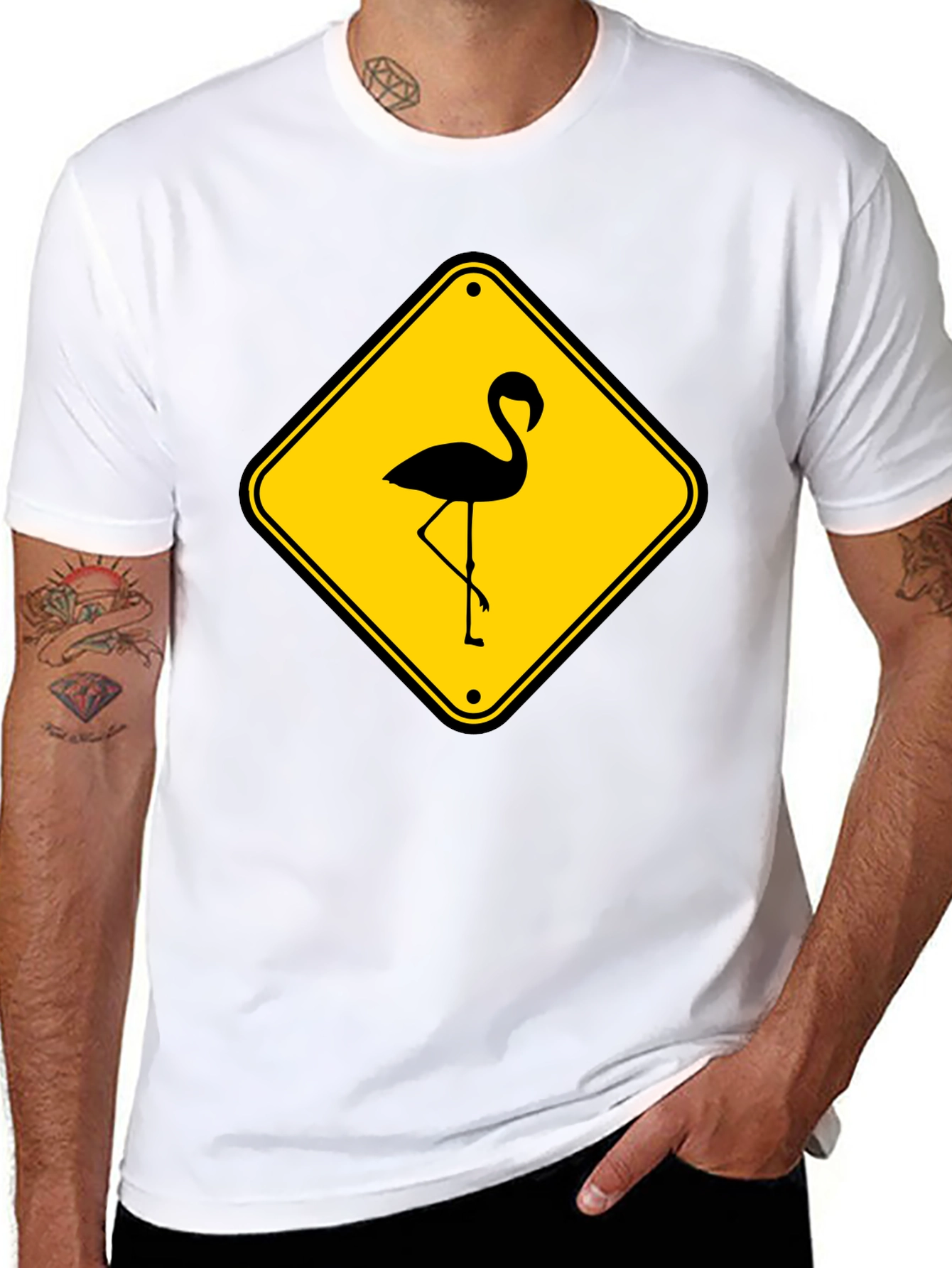Black Flamingo Warning Sign Graphic Tee view 8