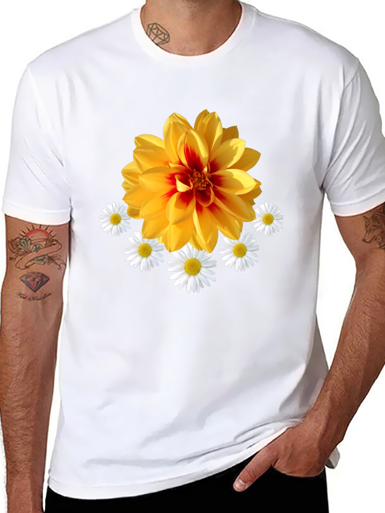 Black Floral Graphic T-Shirt: Yellow Dahlia & Daisies, Black Tee view 8