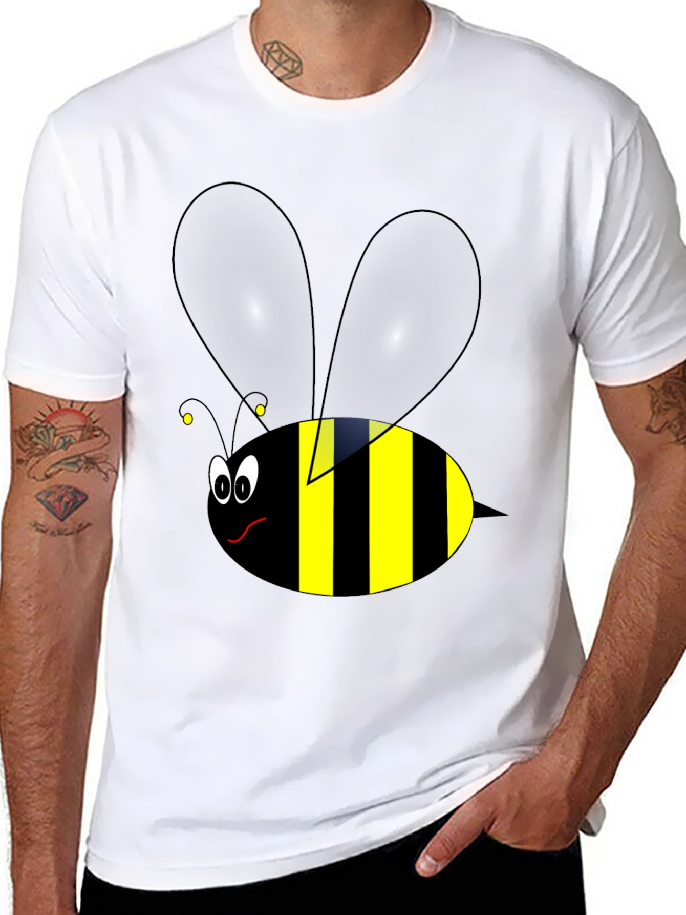 Black Funny Cartoon Bee Graphic Tee - Black Cotton view 8