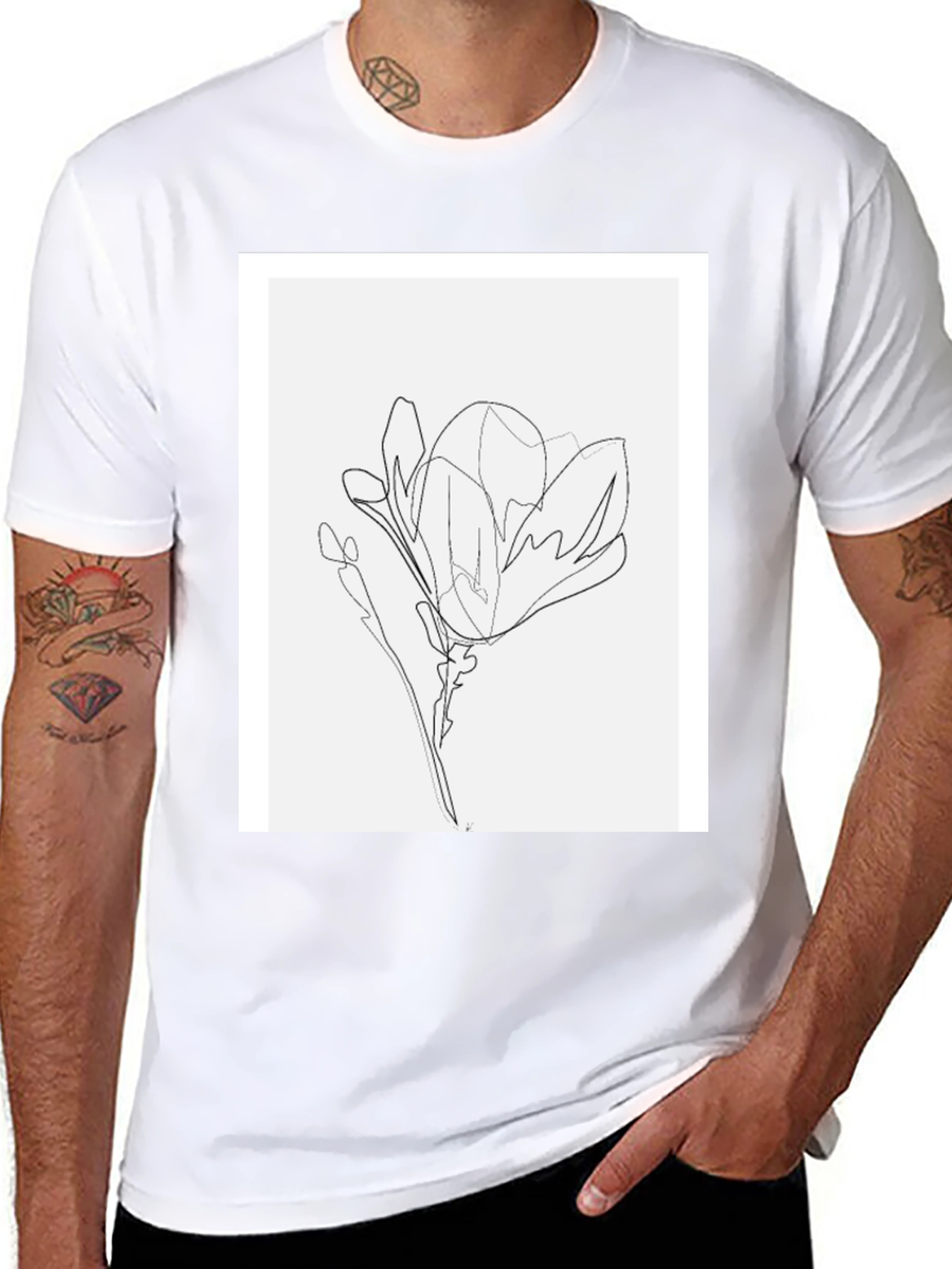 Black Minimalist Line Art Flower T-Shirt - Black view 8