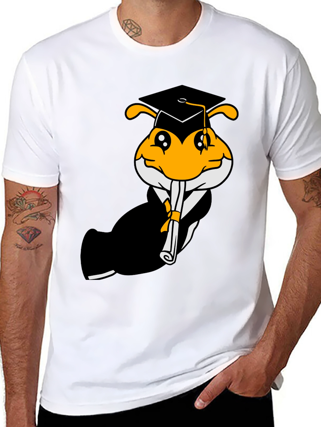 Black Graduation Bee Graphic Tee - Black Cotton T-Shirt view 8