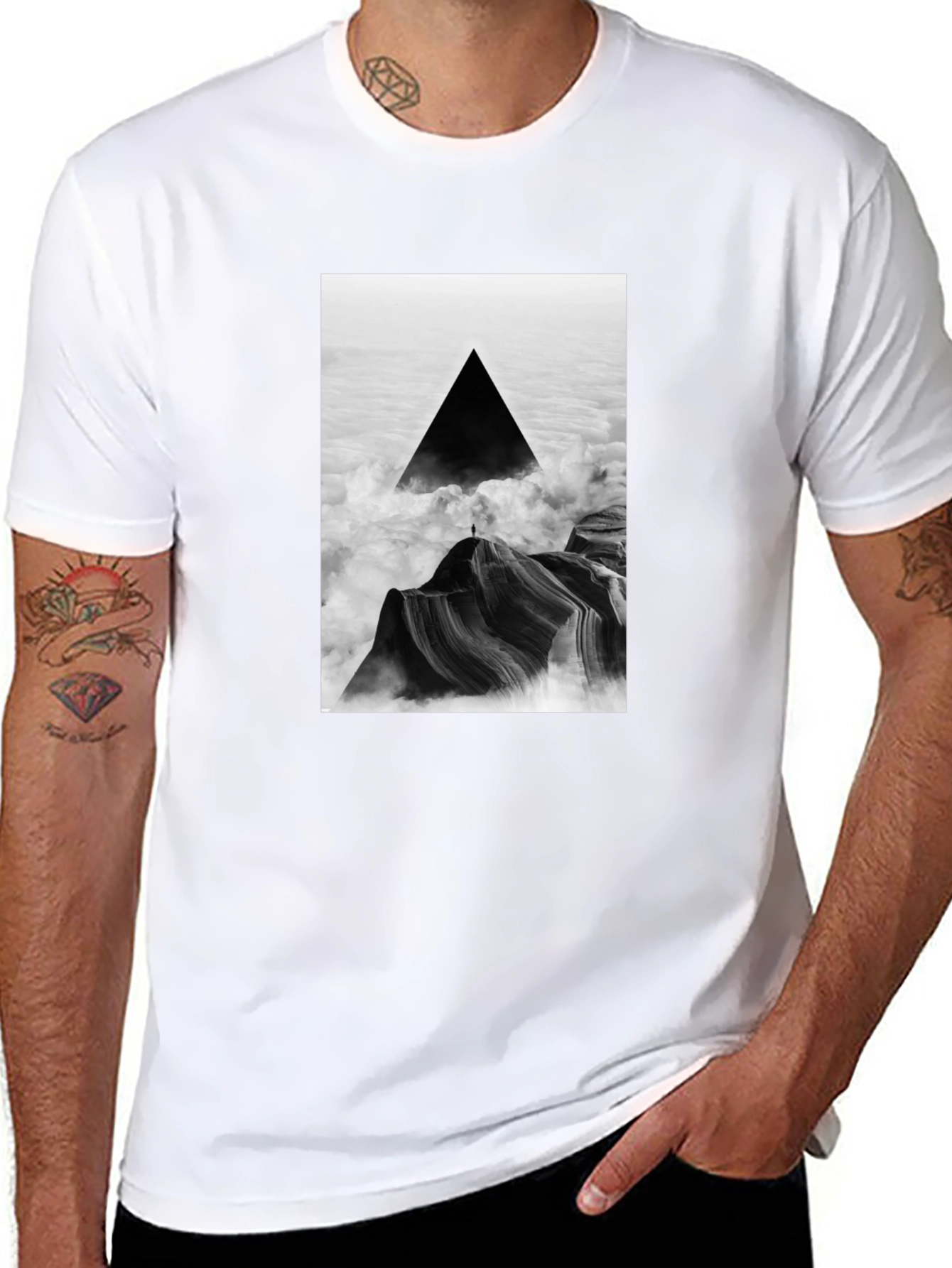 Black Black T-Shirt with Abstract Triangle Mountain Design view 8