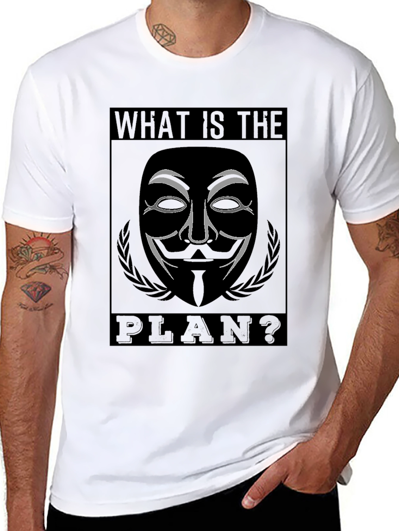 Black Guy Fawkes "What is the Plan?" Black T-Shirt view 8