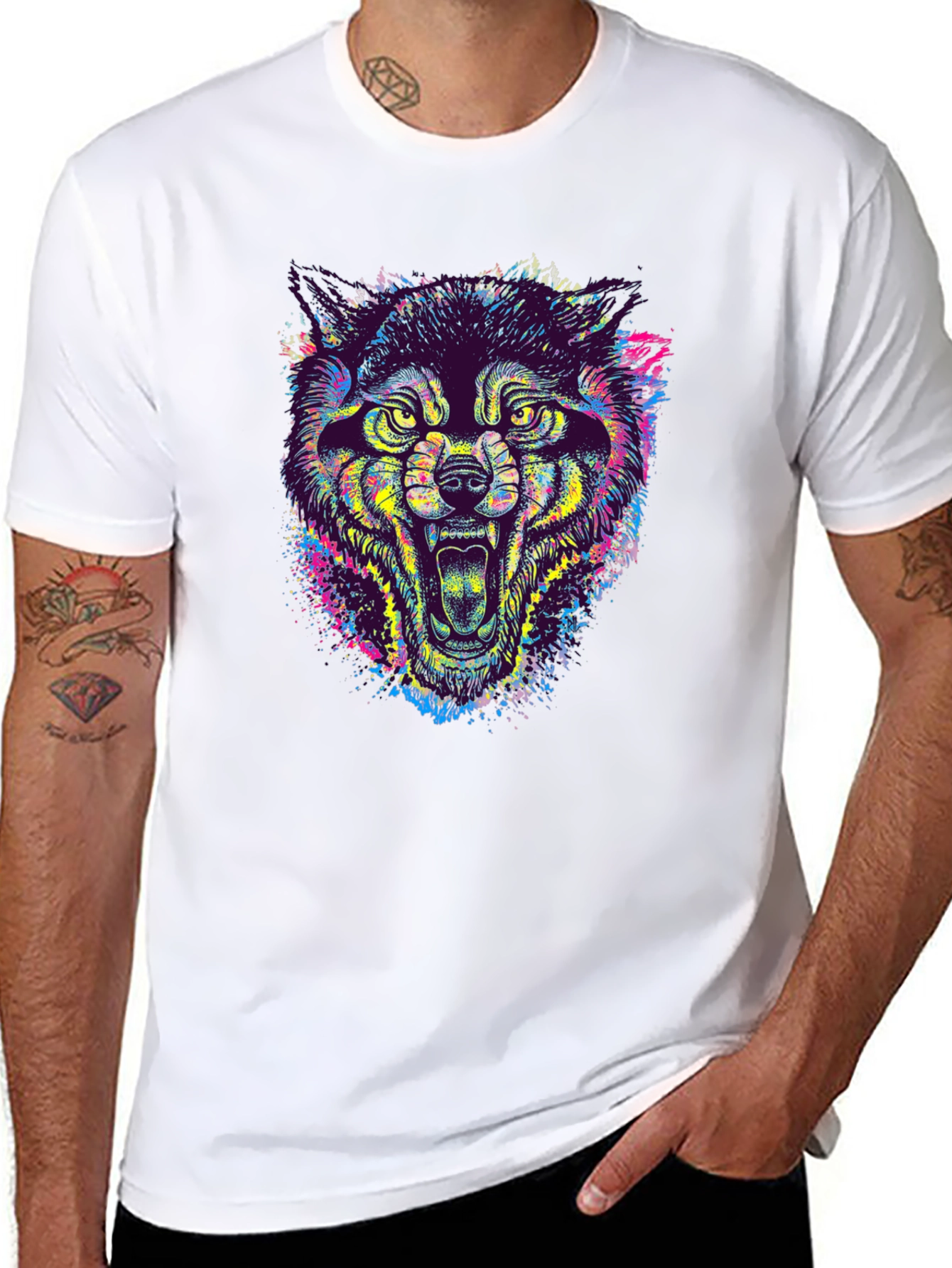 Black Colorful Wolf Graphic Tee - Unique Animal Print T-Shirt view 8