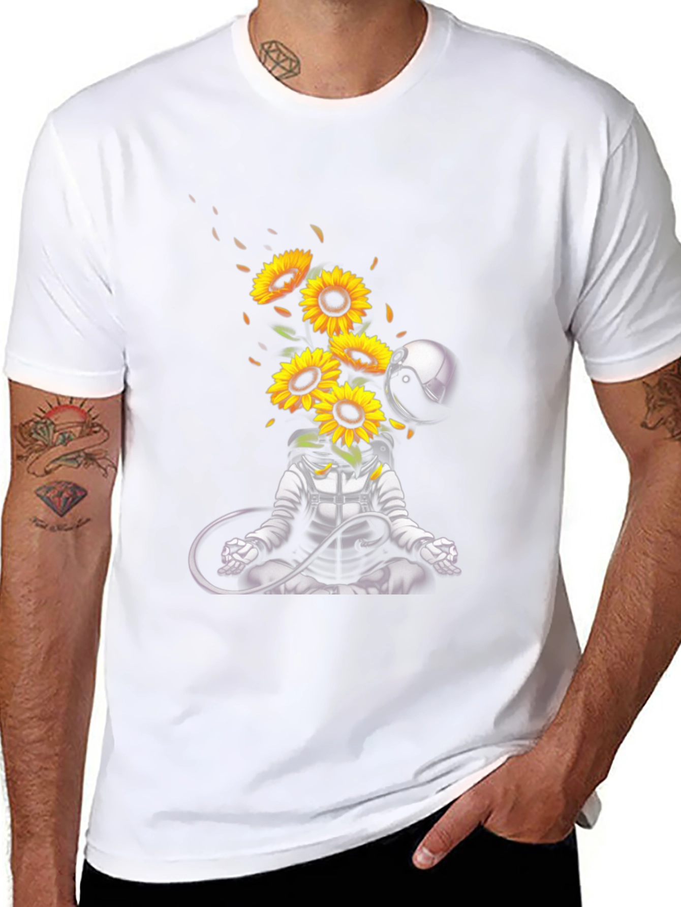 Black Meditating Astronaut with Sunflowers Graphic T-Shirt view 8