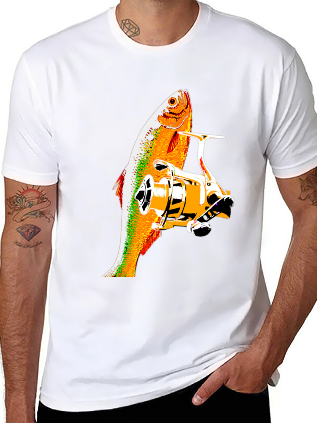 Black Fishing Reel & Fish Graphic Tee - Black Cotton Shirt view 8