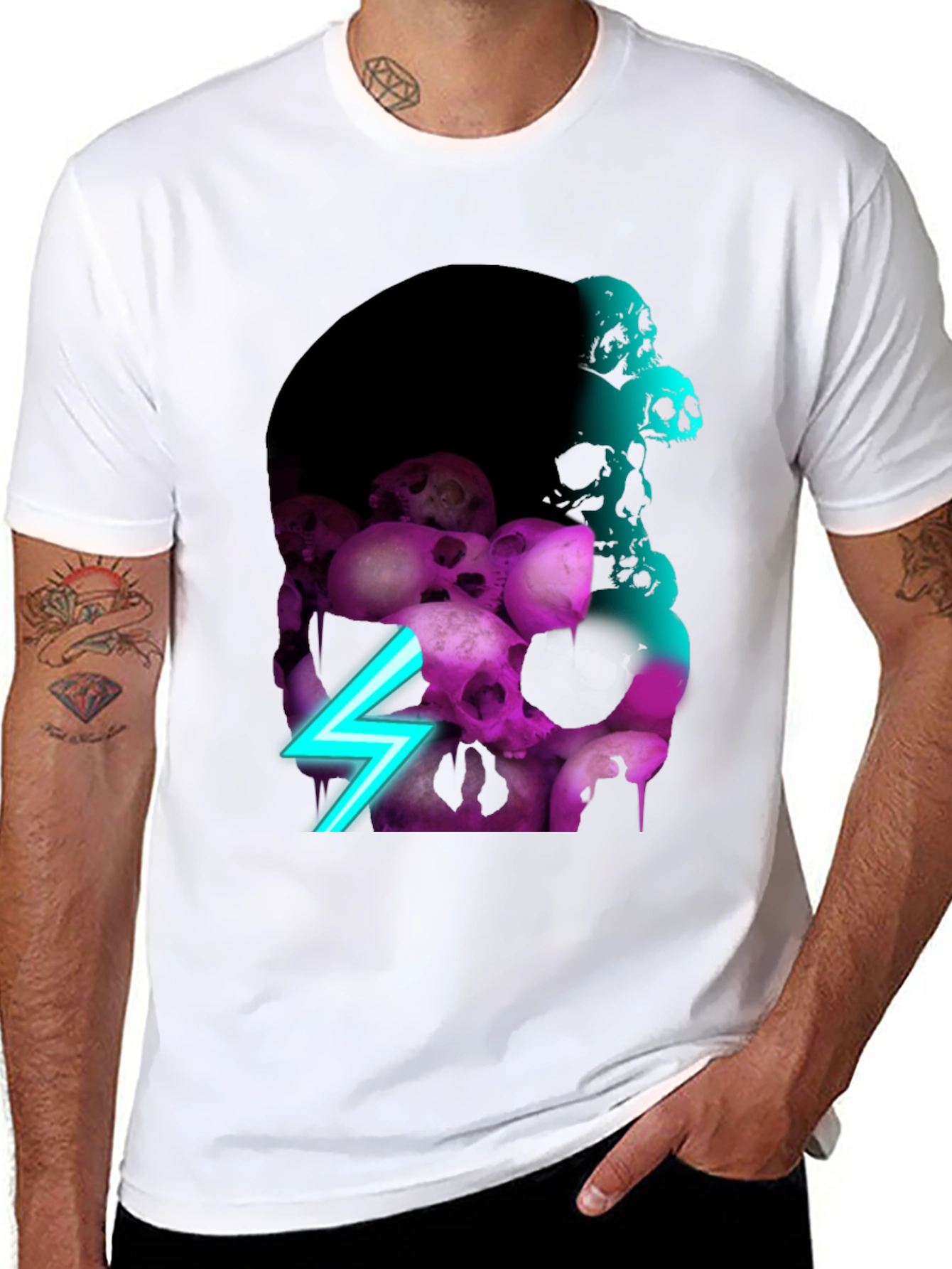 Black Skull Pile Graphic Tee - Neon Lightning Bolt Design view 8