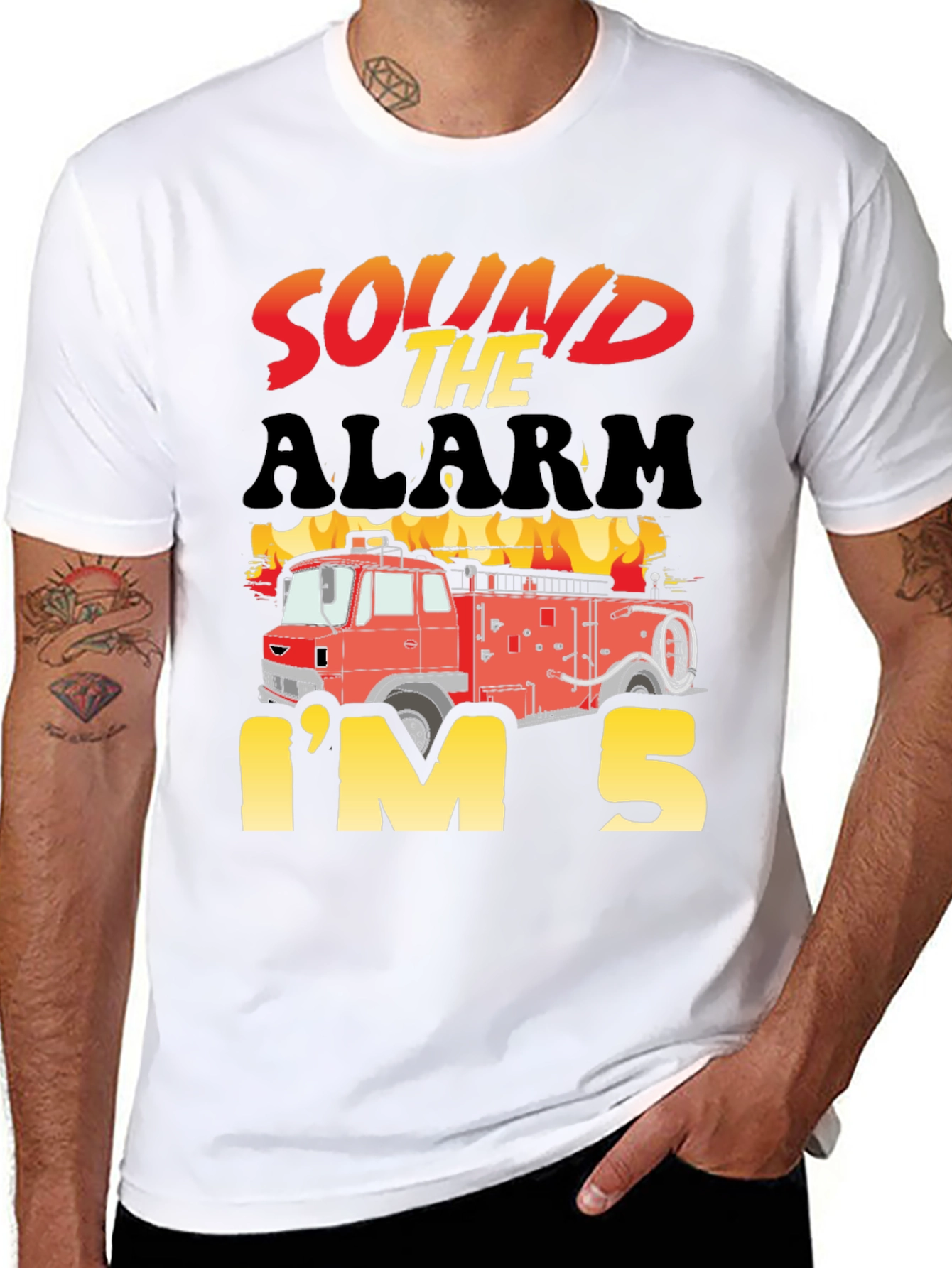 Black Sound the Alarm, I'm 5! Fire Truck Kids Birthday T-Shirt view 8