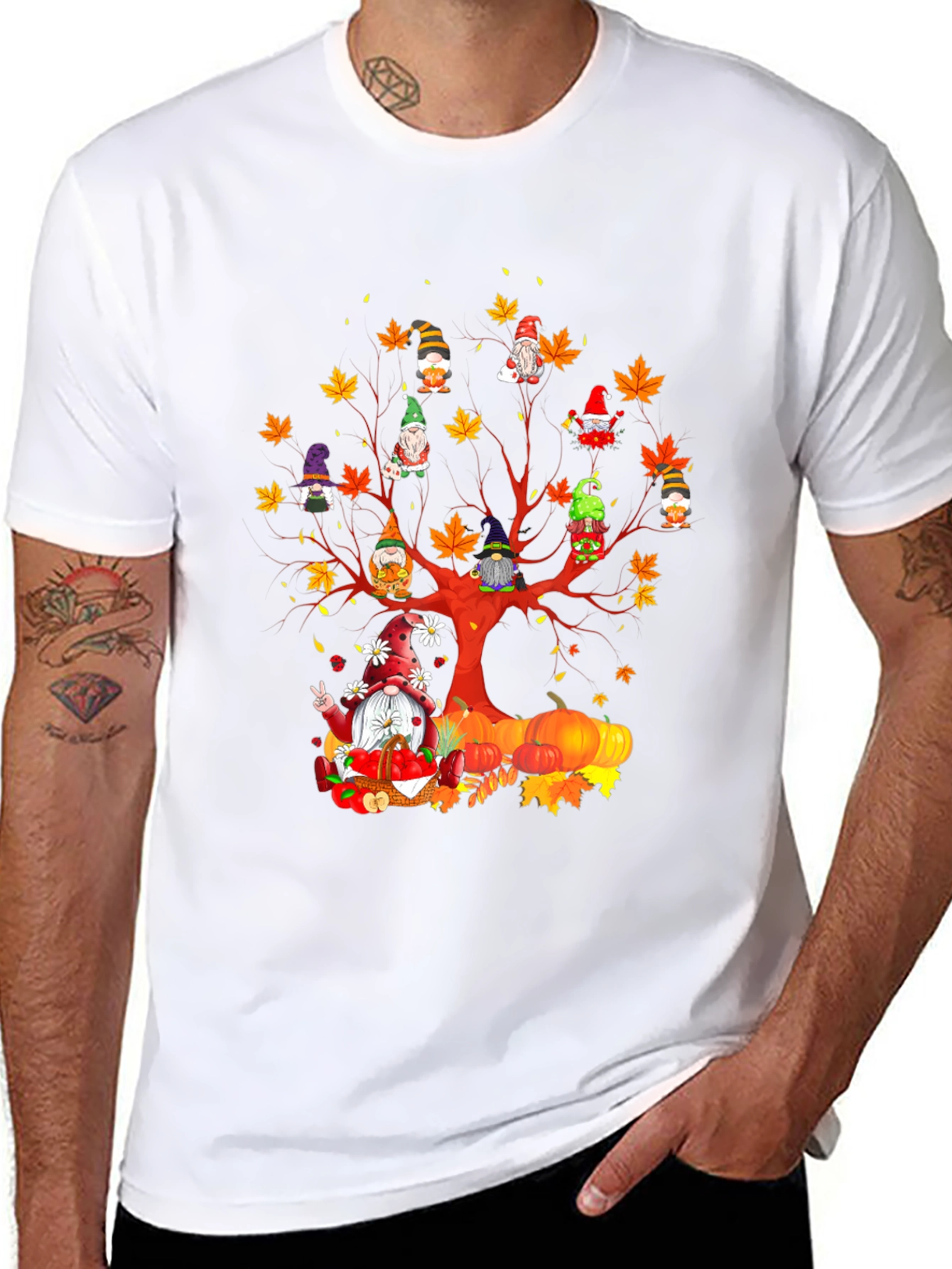 Black Fall Gnomes T-Shirt - Autumn Harvest Tree Design view 8