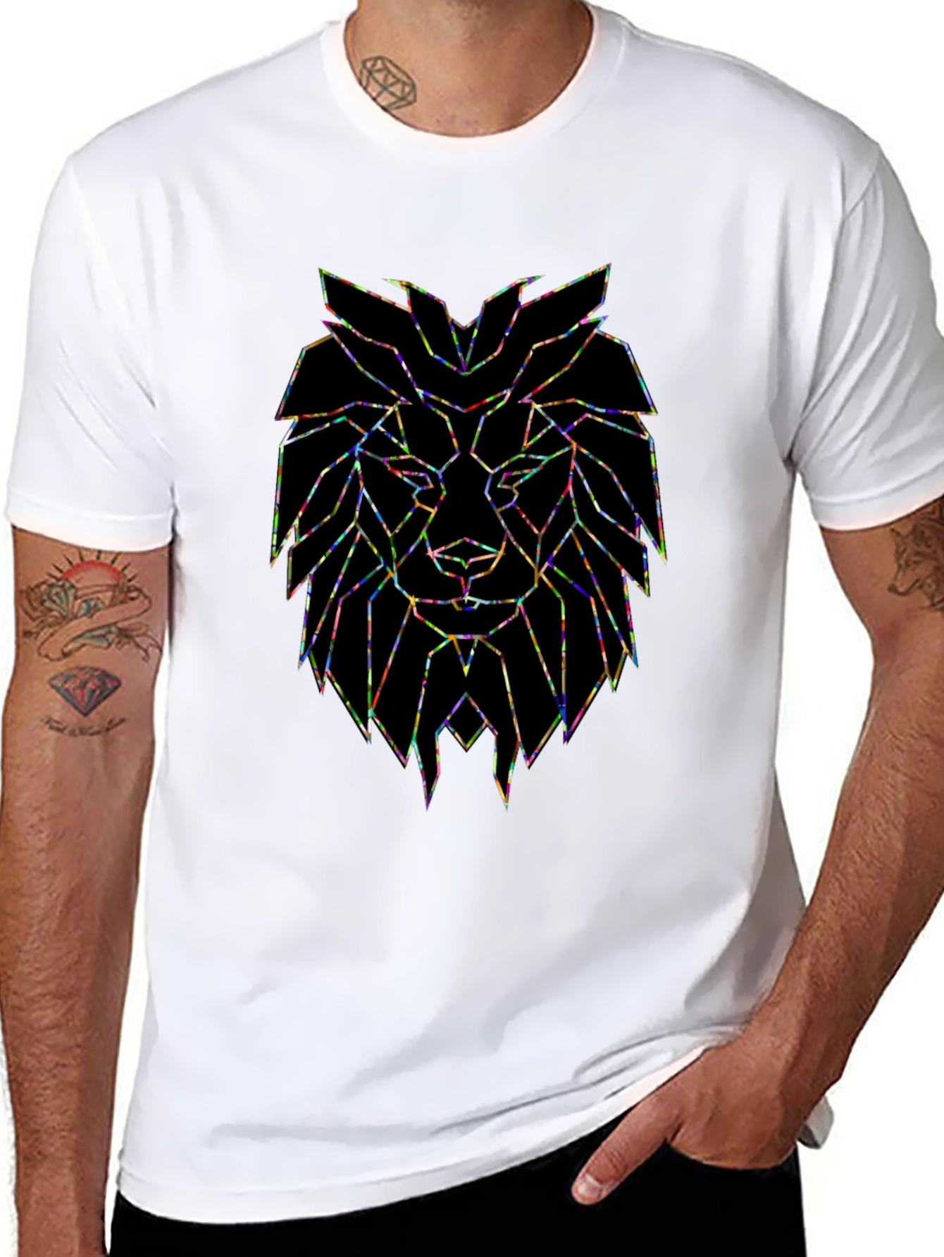 Black Geometric Lion Graphic Black T-Shirt view 8