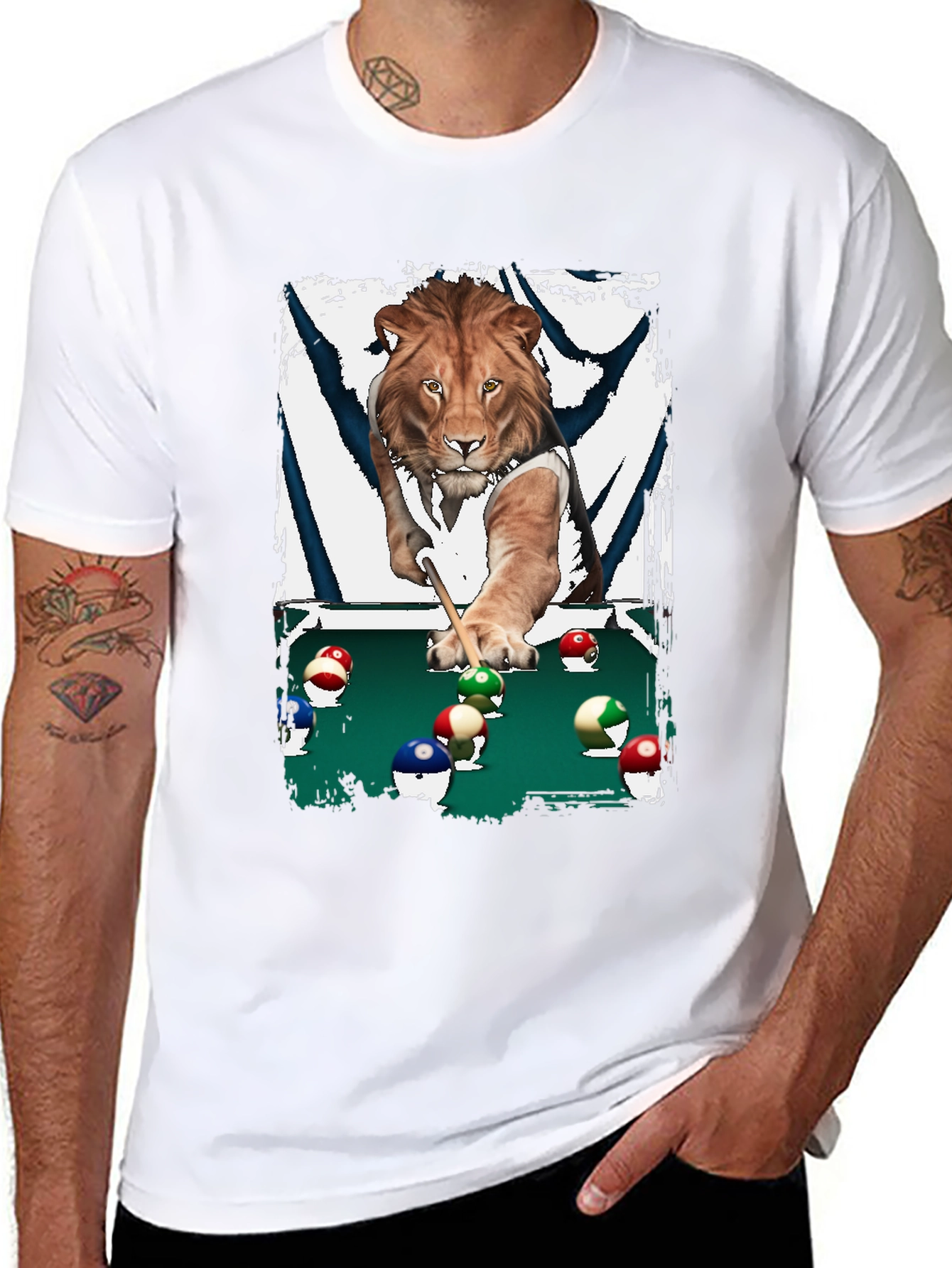 Black Lion Playing Pool T-Shirt - Unique Graphic Tee view 8