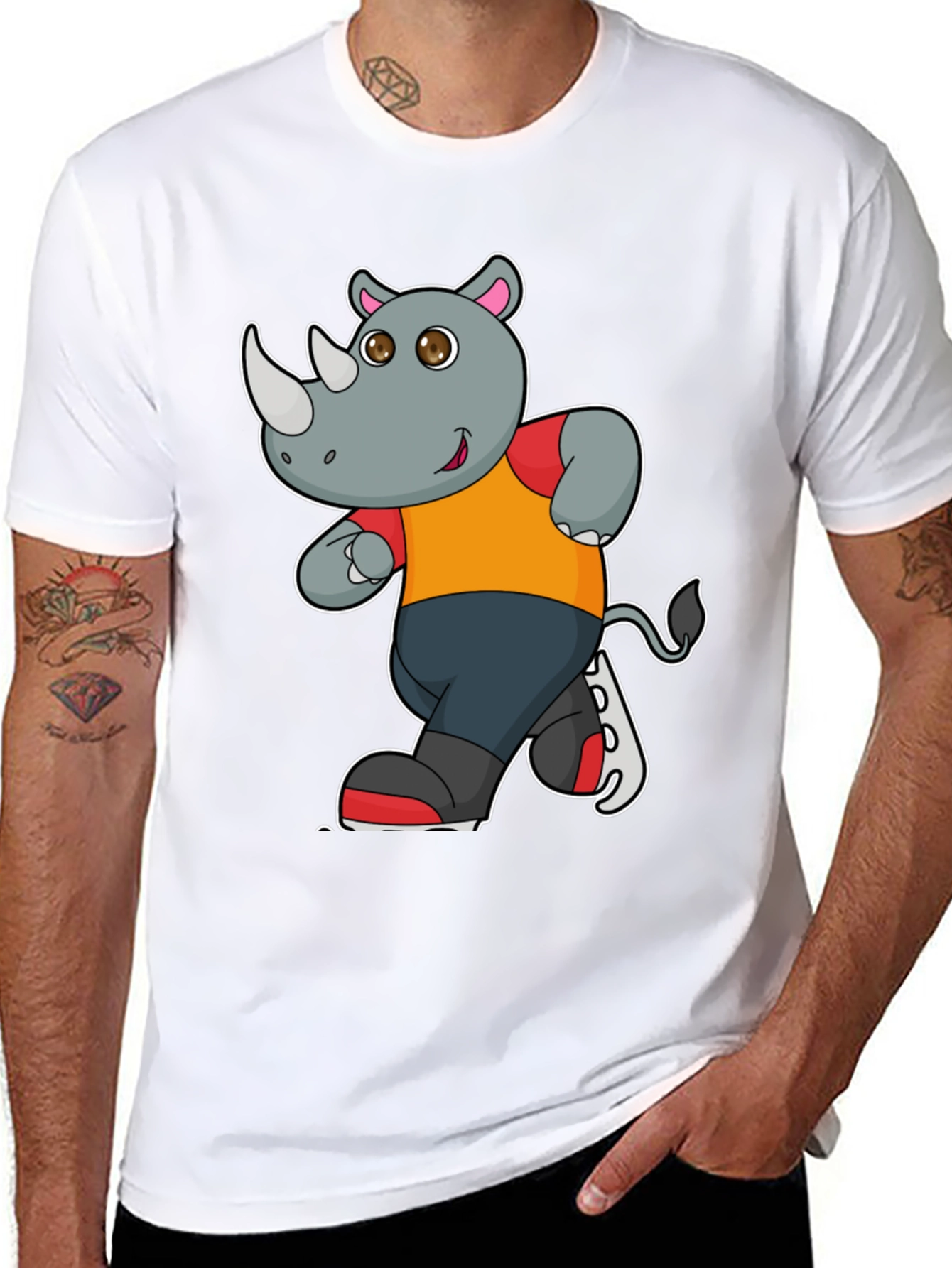 Black Rhino Cartoon Graphic T-Shirt - Black Cotton Tee view 8