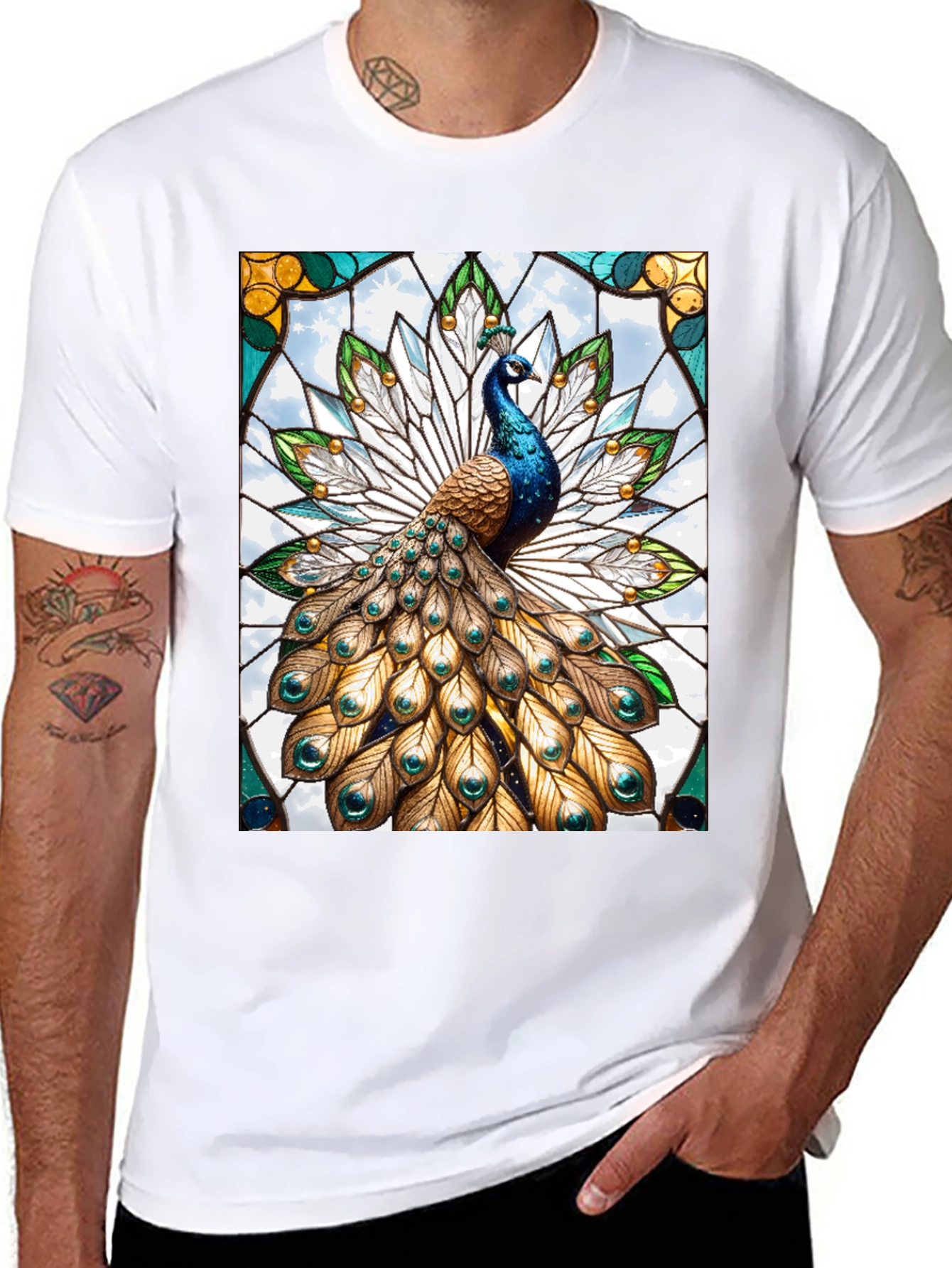 Black Peacock Stained Glass Graphic T-Shirt view 8