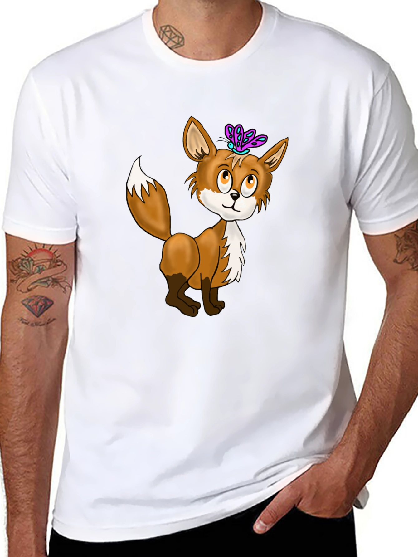 Black Fox & Butterfly Graphic Tee - Black Cotton T-Shirt view 8