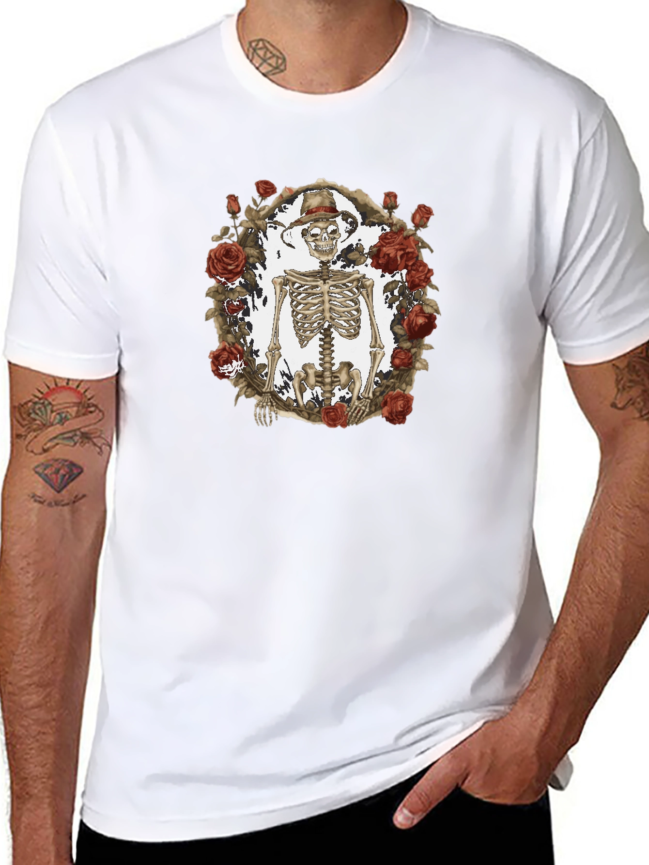 Black Skeleton & Roses Graphic Tee - Black Cotton Blend view 8