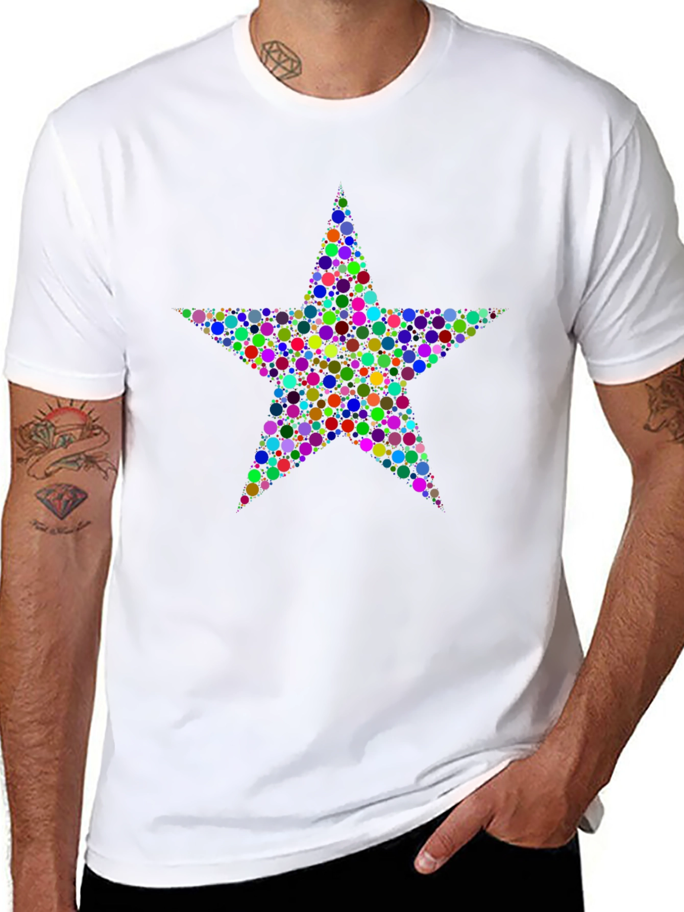 Black Colorful Star Pattern Black T-Shirt view 8