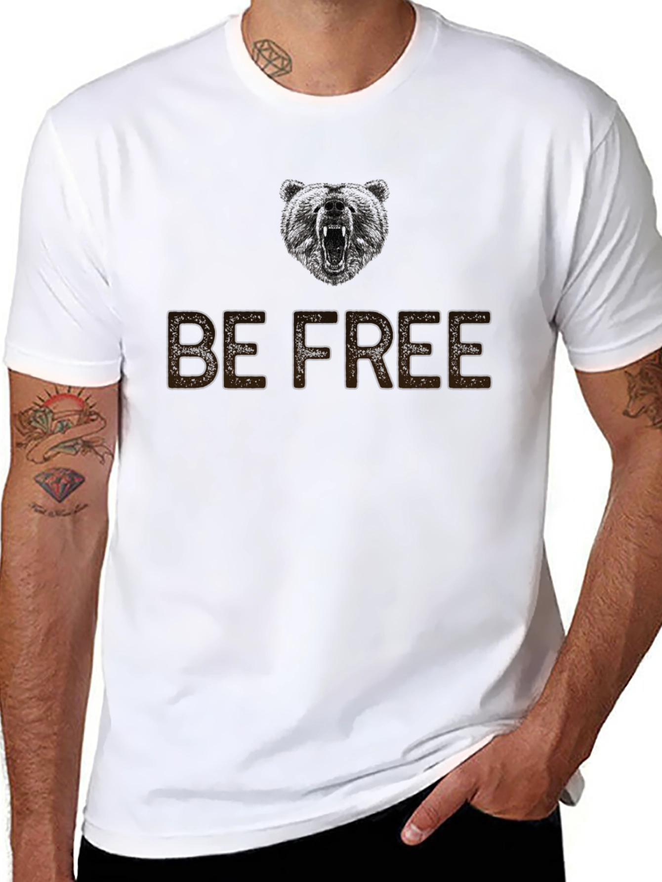 Black Be Free Bear Graphic Men's Black T-Shirt view 8