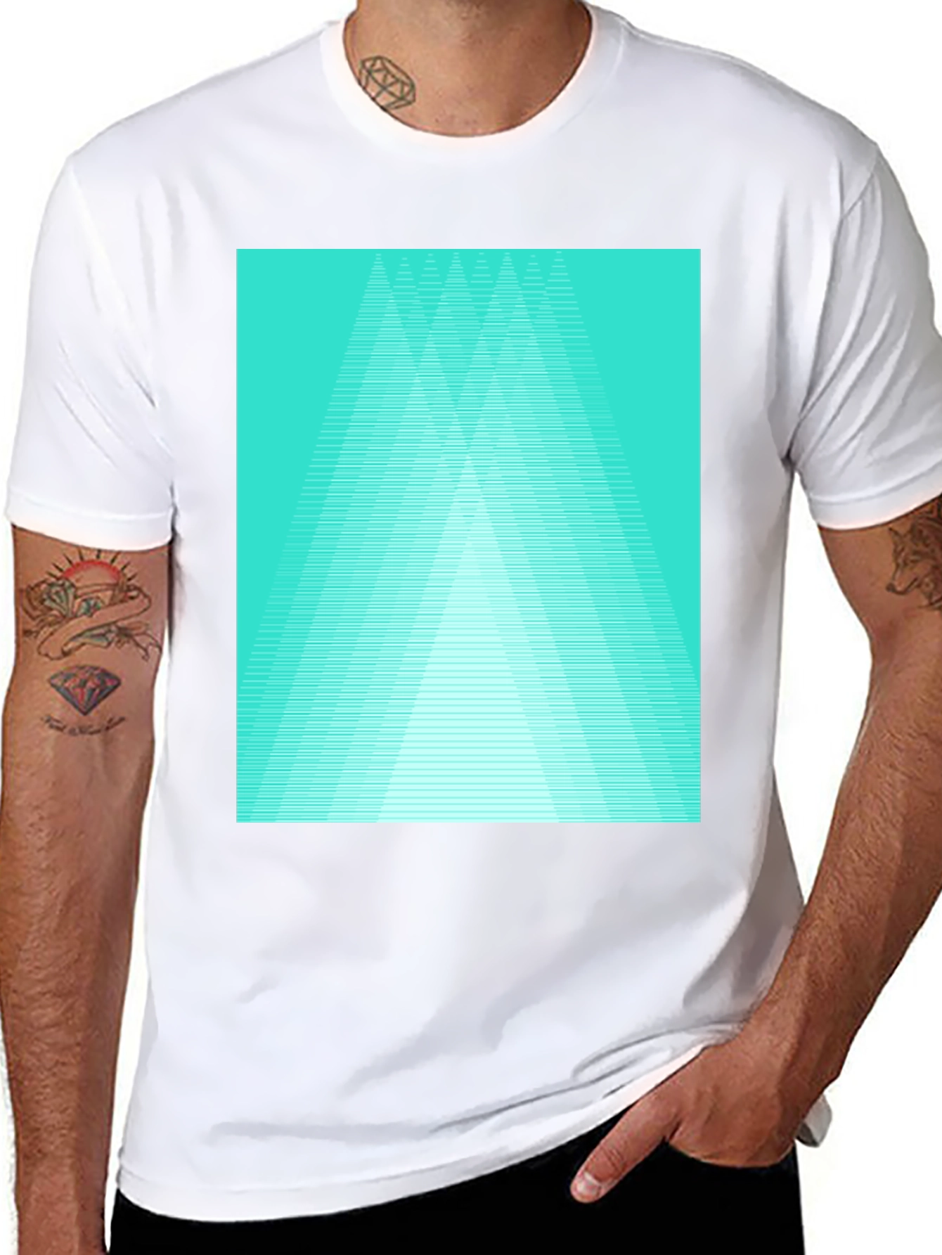 Black Retro Geometric Tee - Aqua Triangle Design view 8