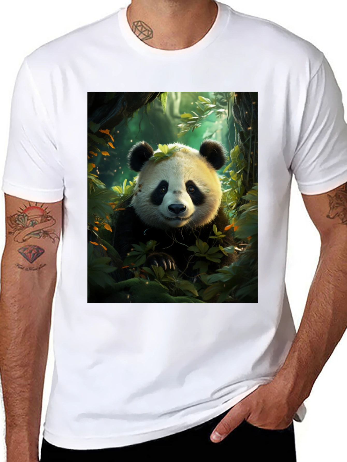 Black Panda in Forest Black T-Shirt view 8