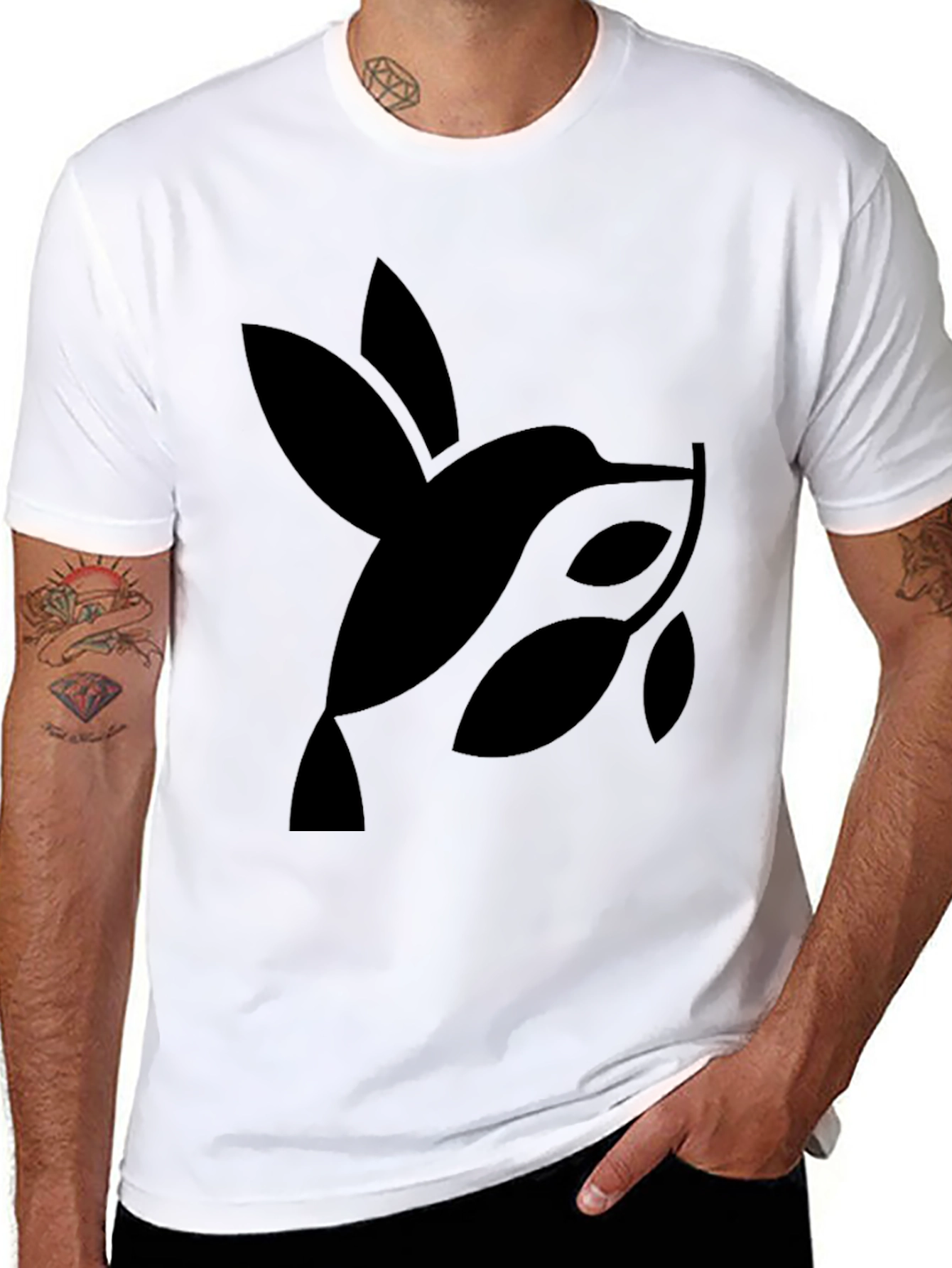 Black Men's Black T-Shirt with Abstract Hummingbird Design view 8