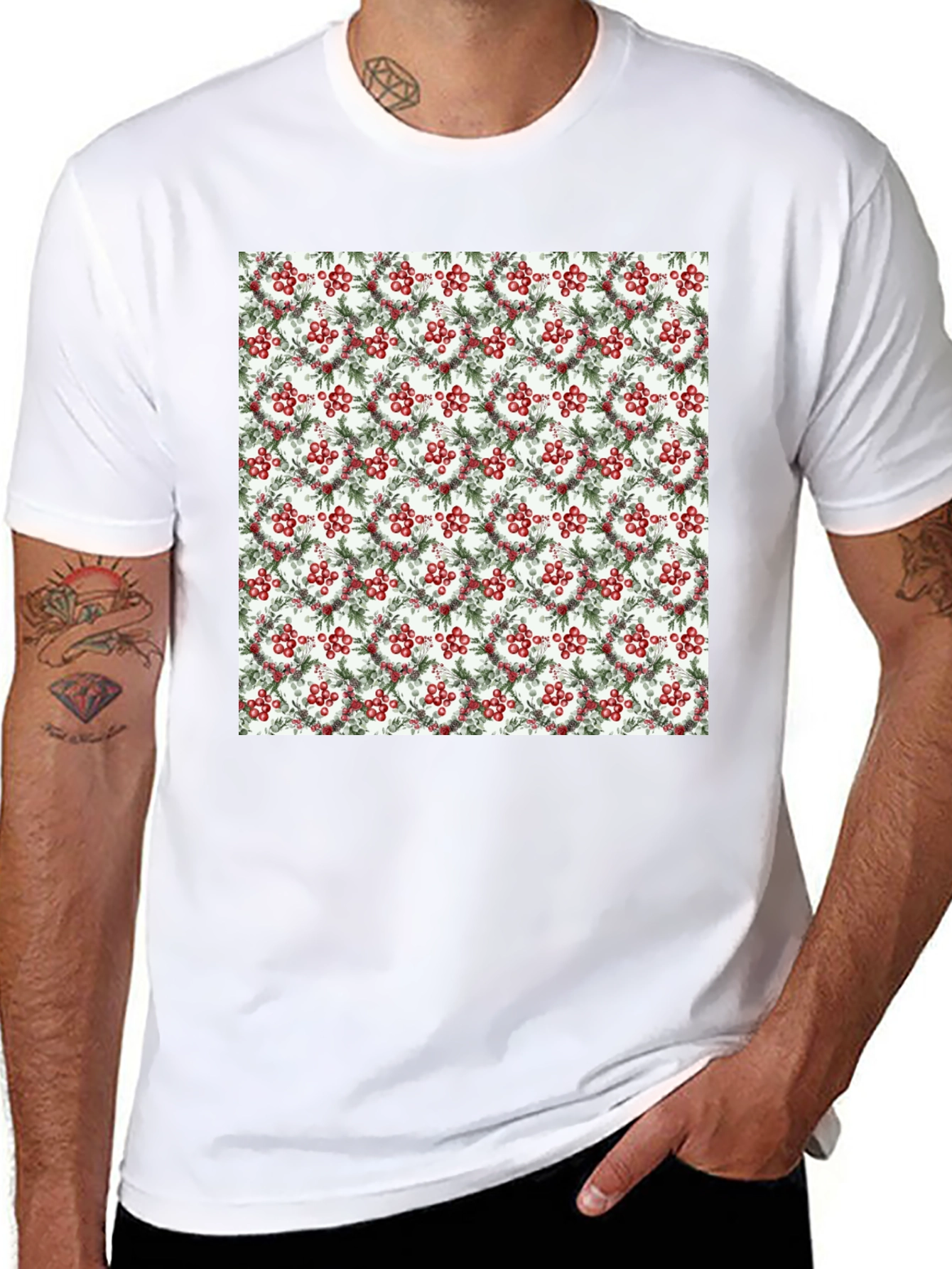 Black Festive Berry Wreath Pattern Black T-Shirt view 8