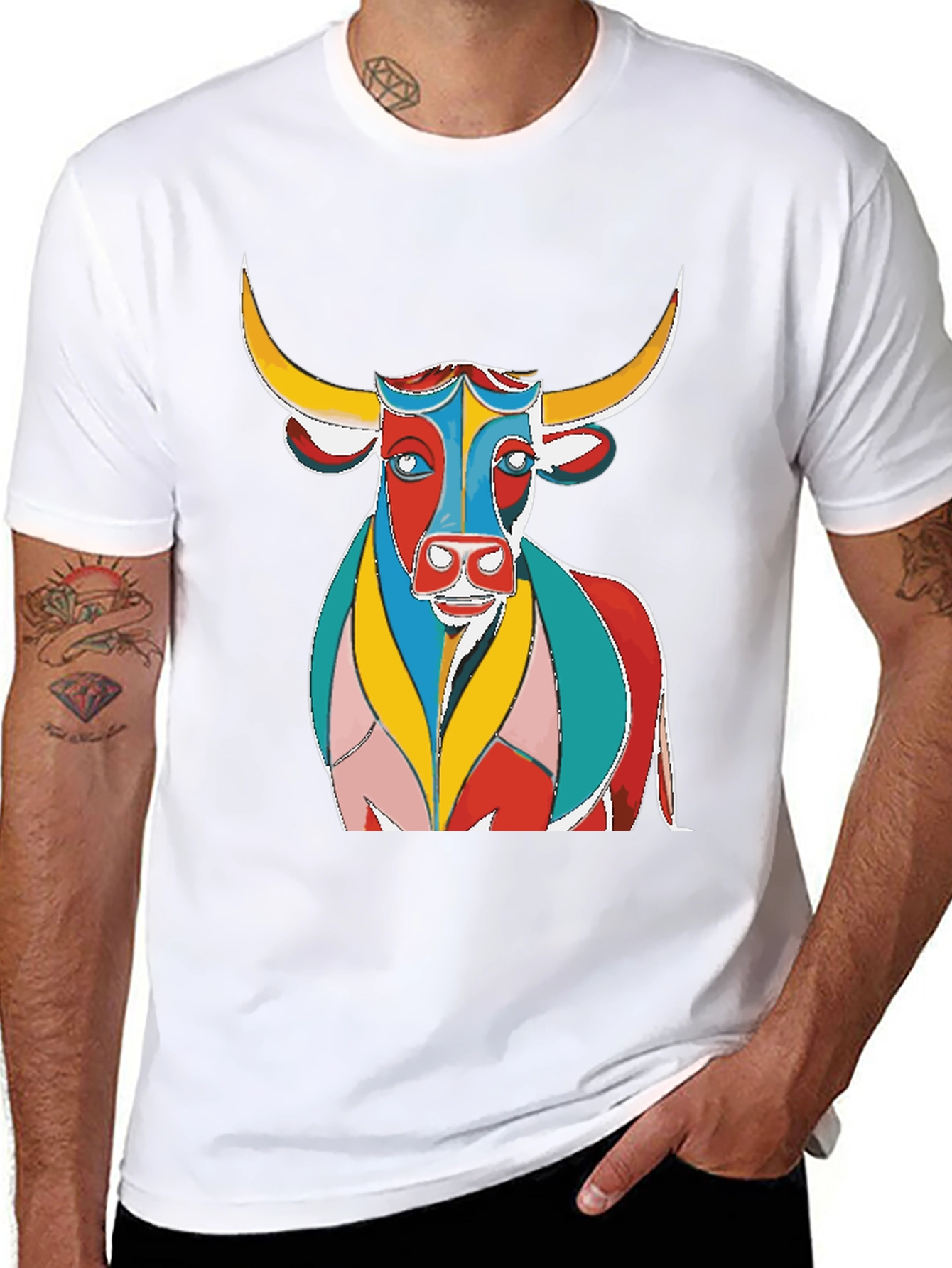 Black Colorful Bull Graphic Print Black T-Shirt view 8