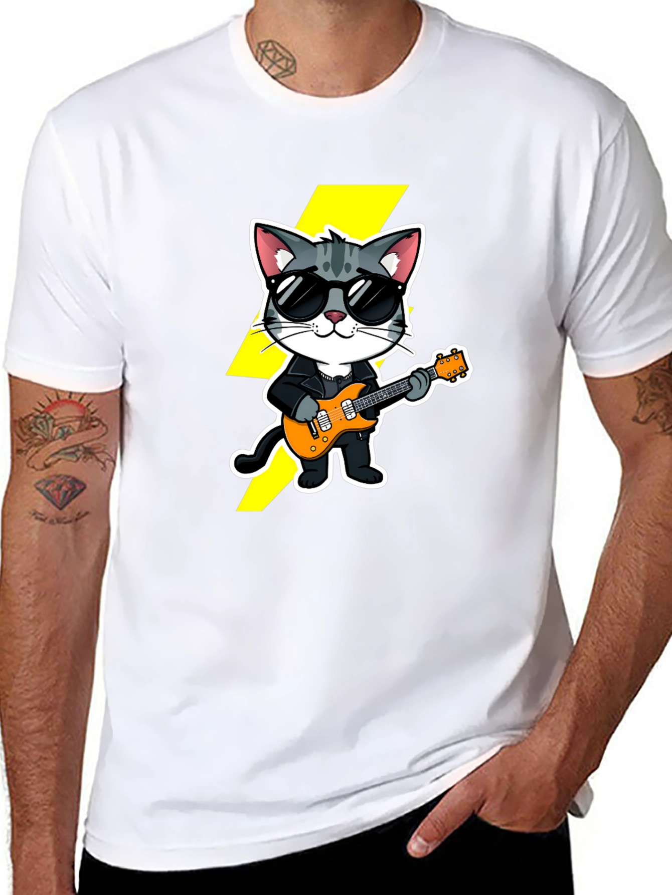 Black Cool Cat Guitarist Black T-Shirt view 8