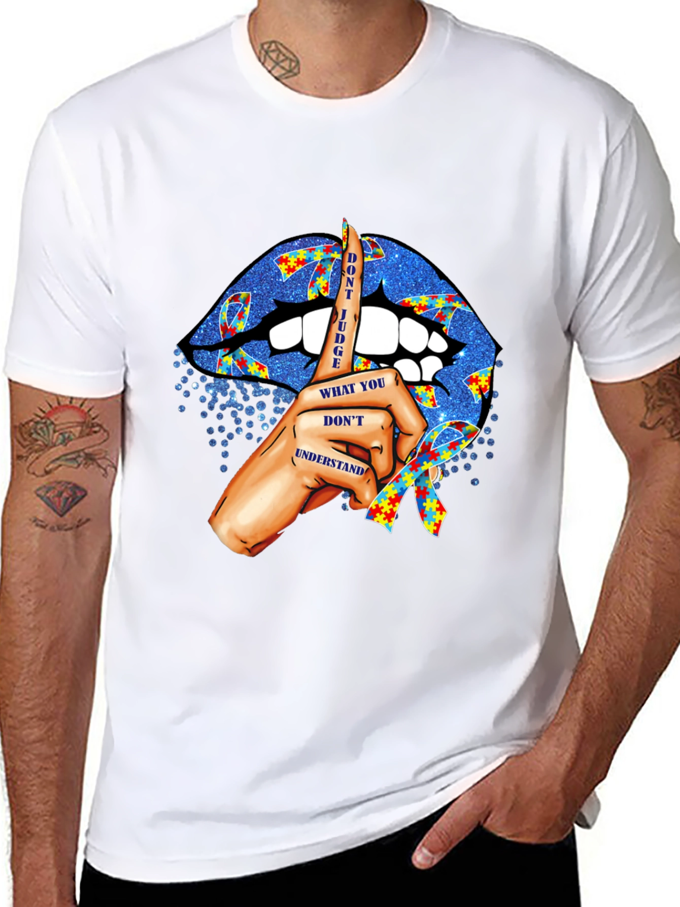 Black Autism Awareness Lips T-Shirt - Don't Judge view 8