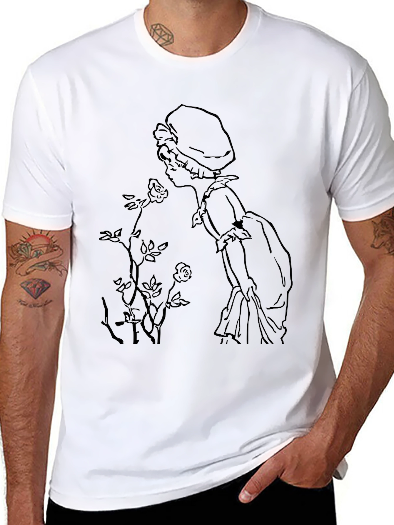 Black Vintage Girl & Roses Graphic Black T-Shirt view 8