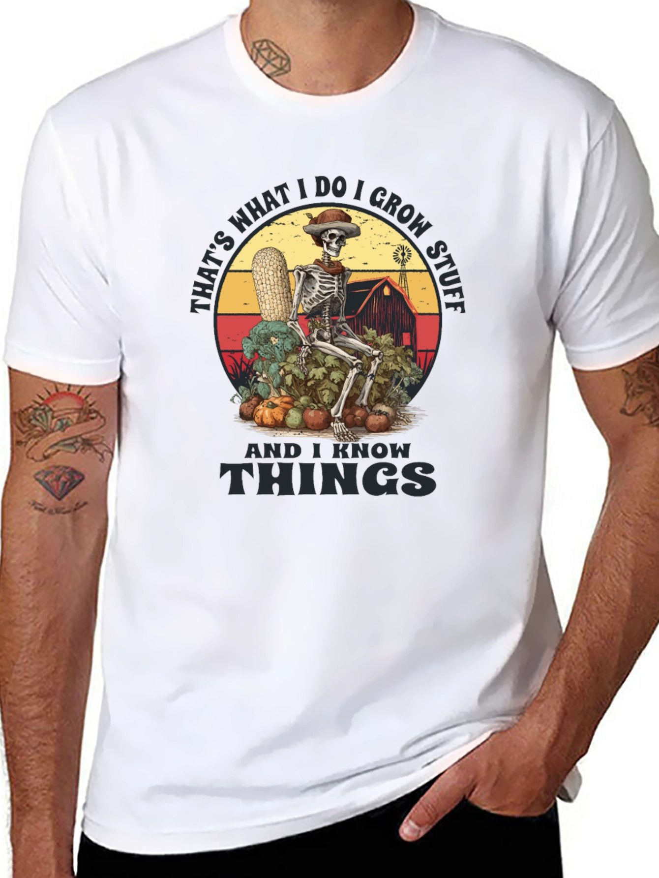 Black Funny Farmer Skeleton T-Shirt - I Grow Stuff & I Know Things Tee view 8