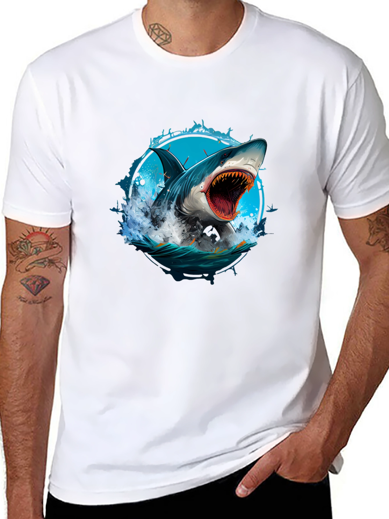 Black Shark Attack Graphic Tee - Black Cotton T-Shirt view 8
