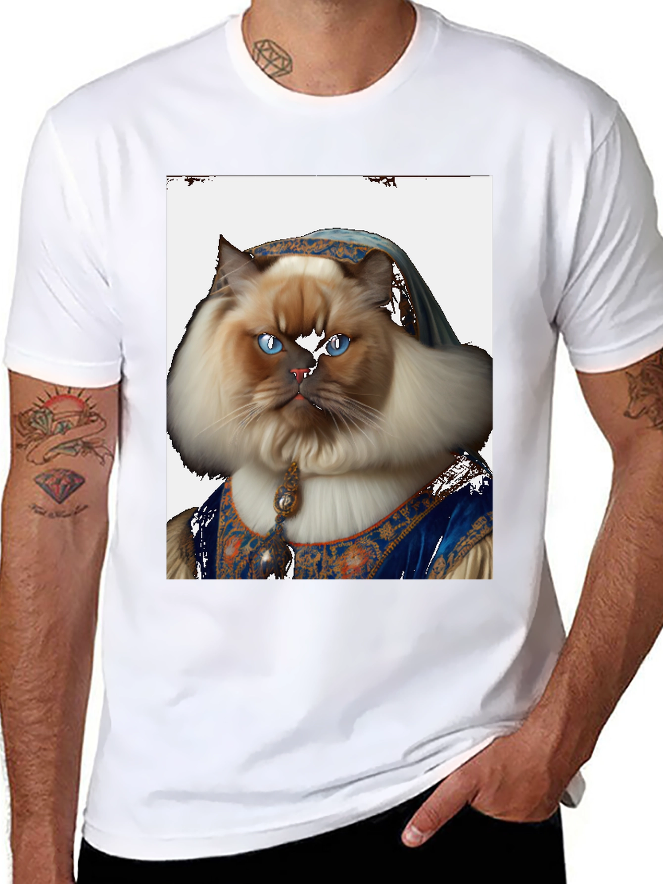 Black Renaissance Cat Portrait T-Shirt - Black view 8