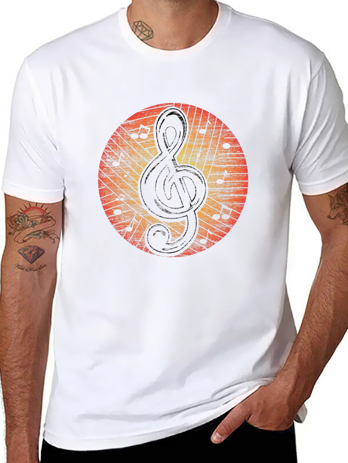 Black Retro Music Note Treble Clef Graphic T-Shirt view 8