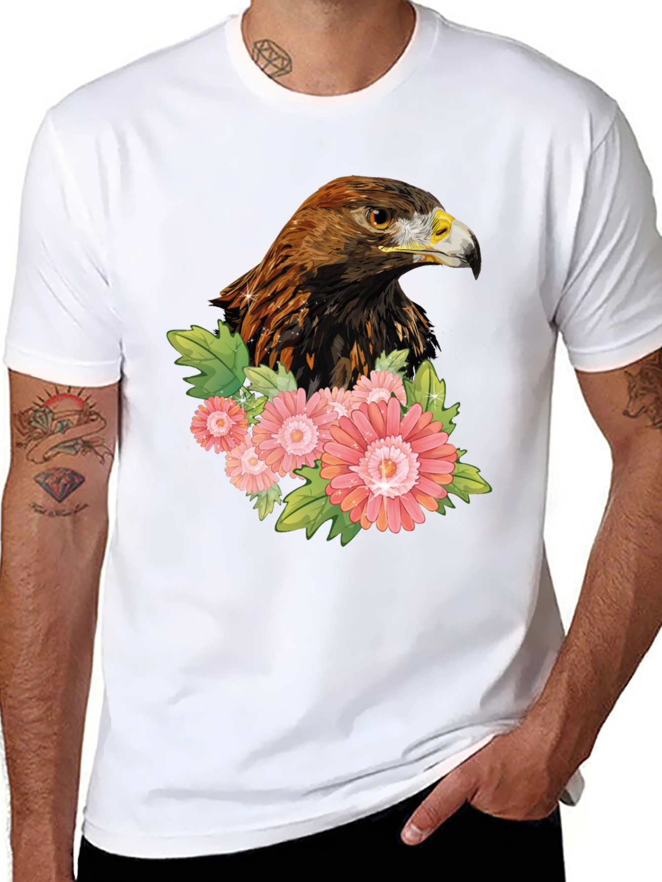 Black Eagle & Flowers Graphic T-Shirt - Men's Black Tee view 8