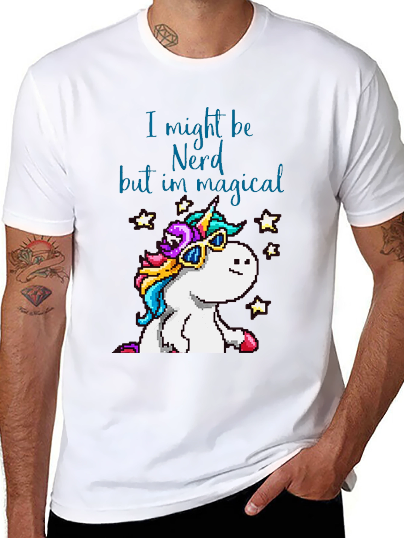 Black Nerd Magical Unicorn T-Shirt - Pixel Art Style view 8