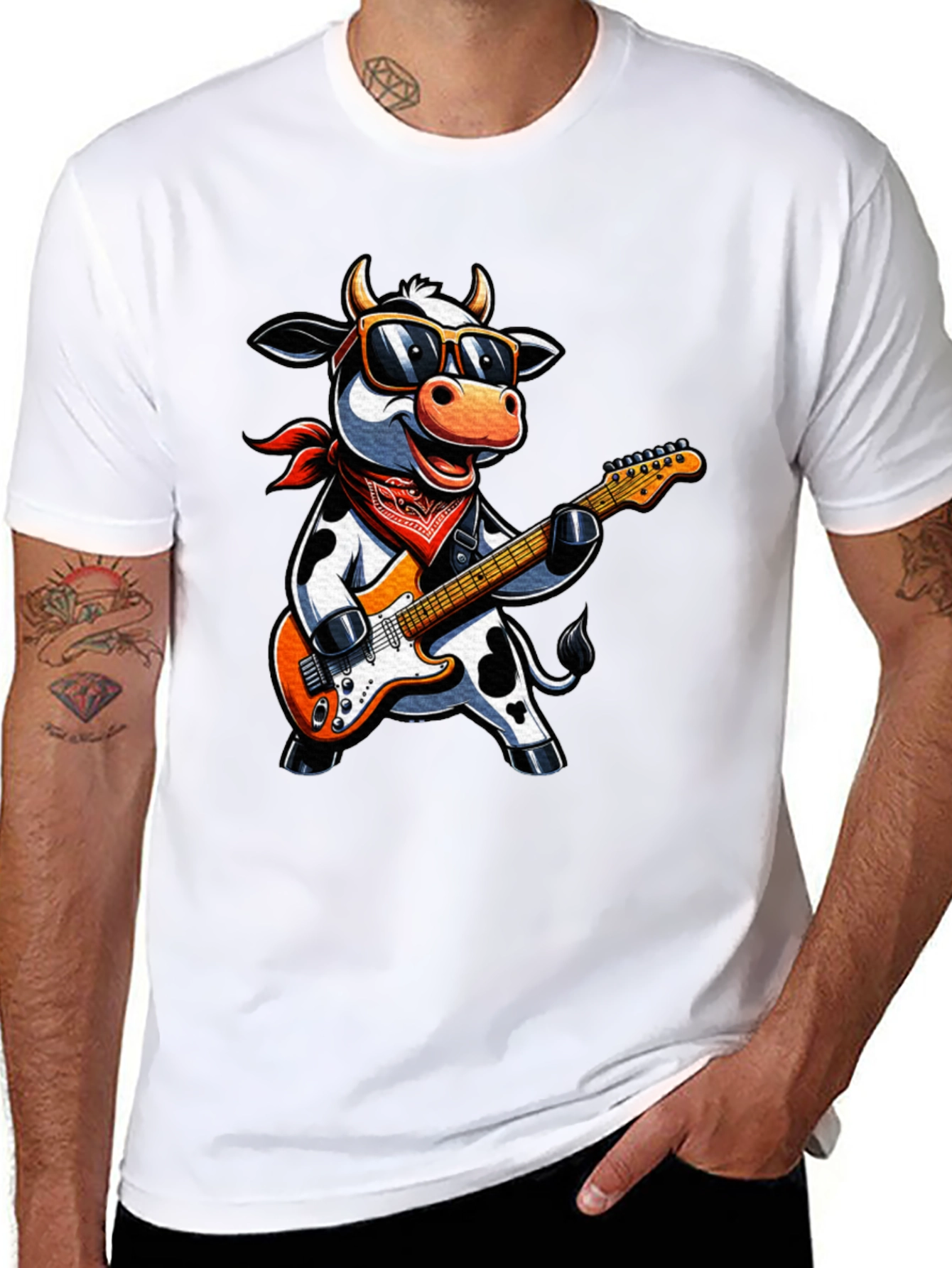 Black Cool Cow Guitarist Graphic Tee - Rock On! view 8