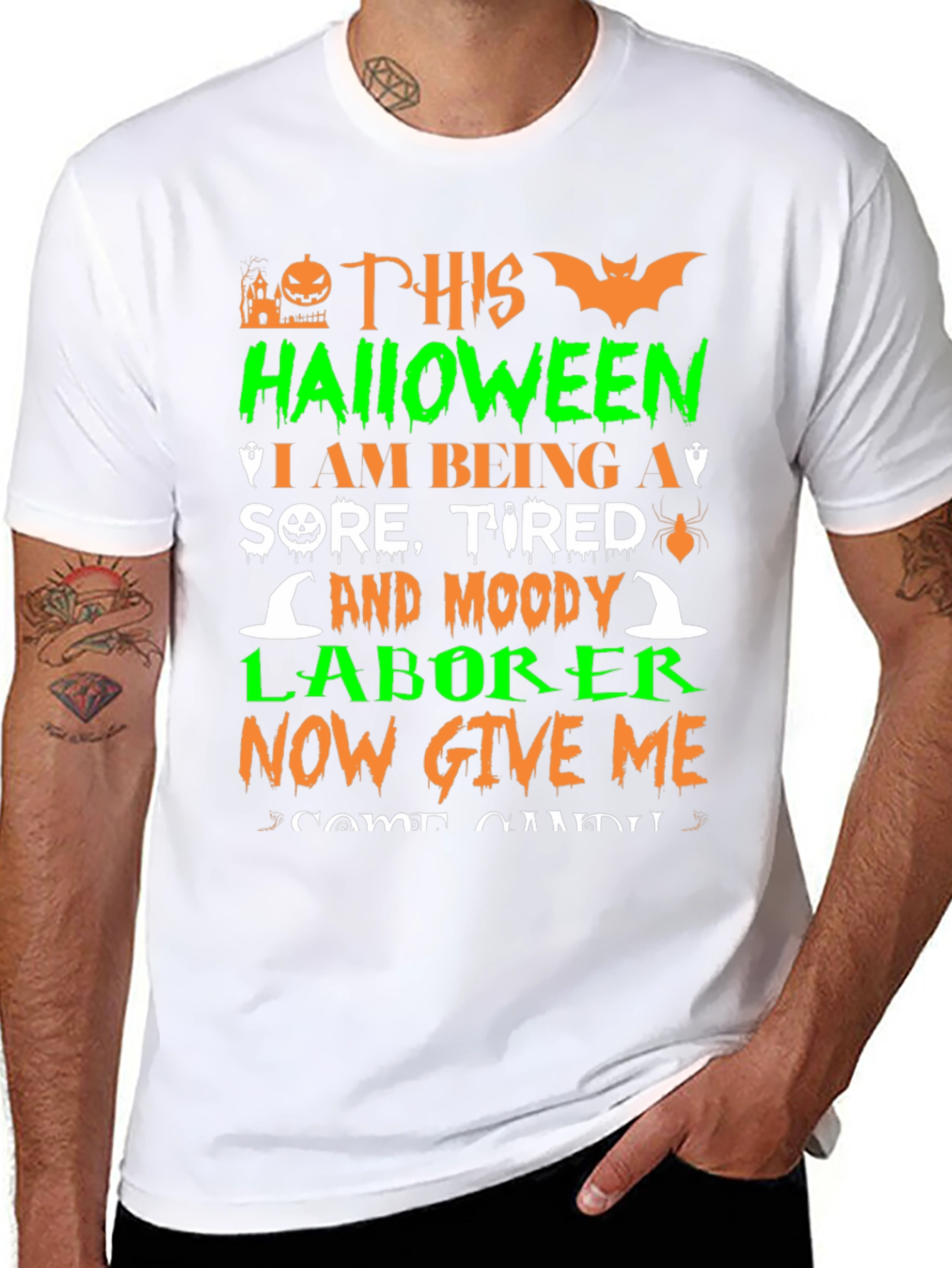 Black Halloween Sore Tired Moody Laborer T-Shirt view 8